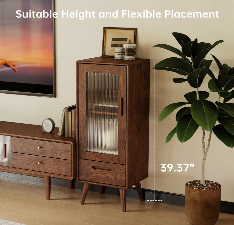 Oak Solid Wood Display Cabinet with Fluted Glass Door and Tapered Legs
