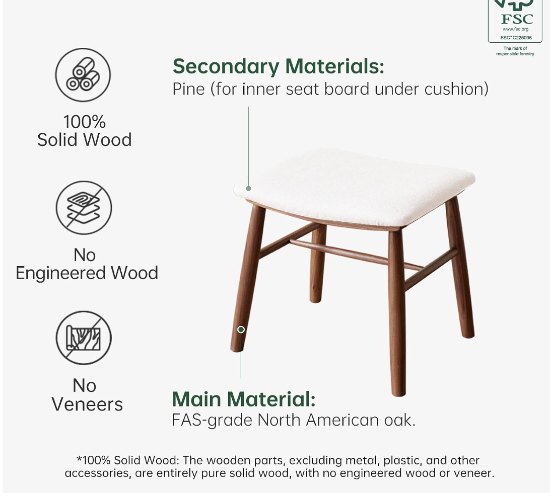Black Walnut, Oak Solid Wood Vanity Stool with Curved Seat