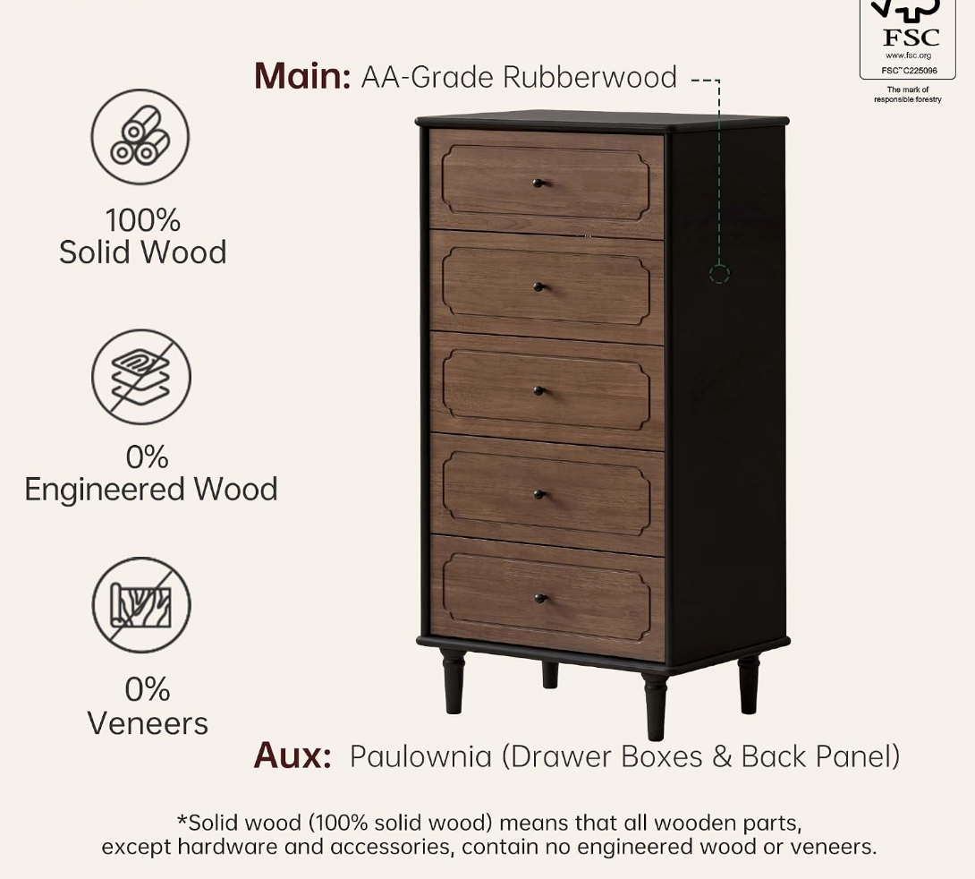 Ash, Rubberwood Solid Wood French Retro Chest of Drawers