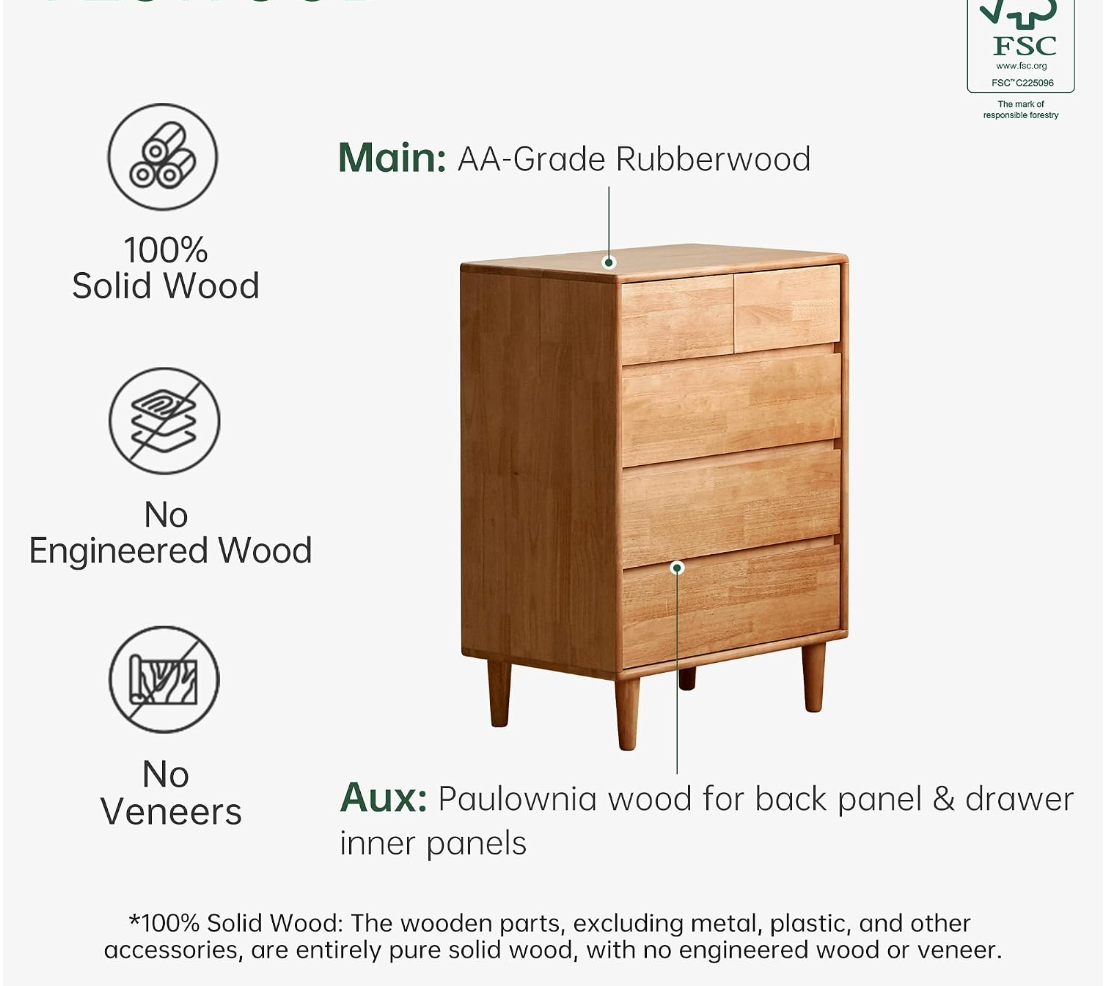 Rubberwood Solid Wood Tall Narrow Dresser with Fluted Drawer