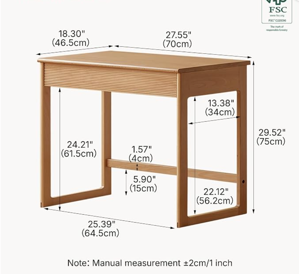 Beech Solid Wood Writing Desk with Drawer for Small Spaces
