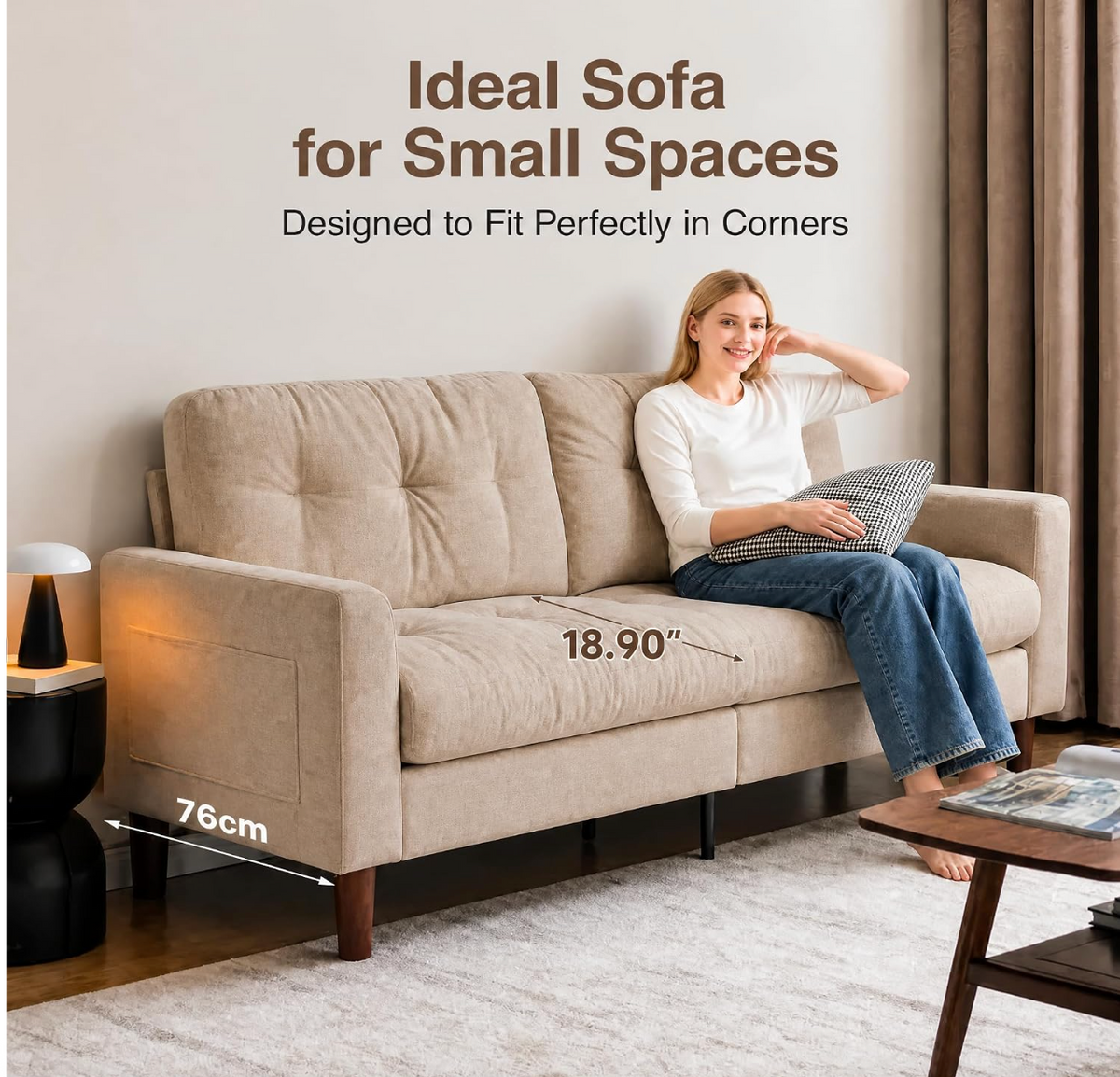 Track Arm Tufted Sofa with Side Pocket Storage