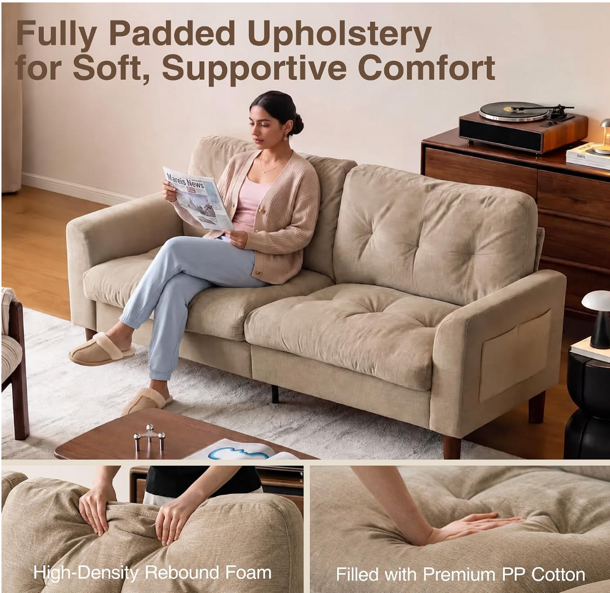 Track Arm Tufted Sofa with Side Pocket Storage