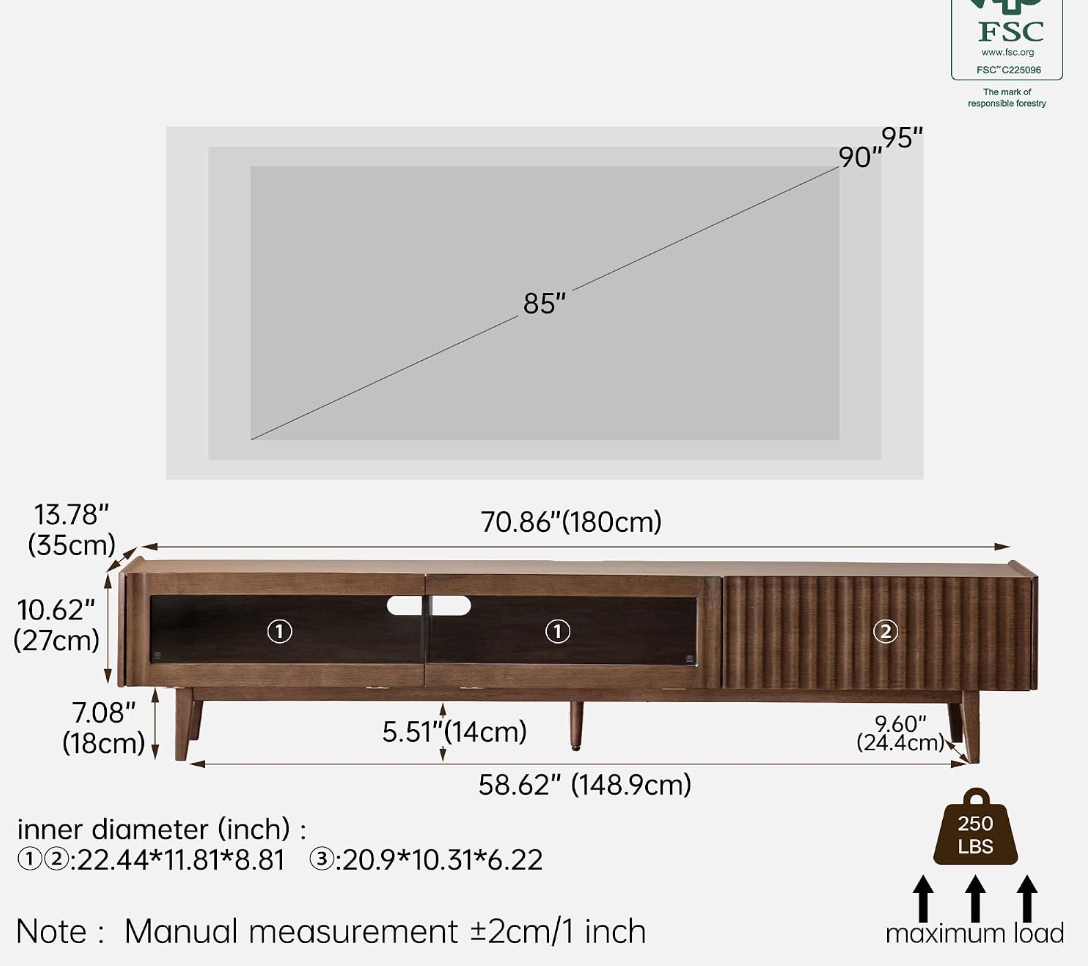 Solid RubberWood Fluted TV Media Console with Drawers and Open Shelf