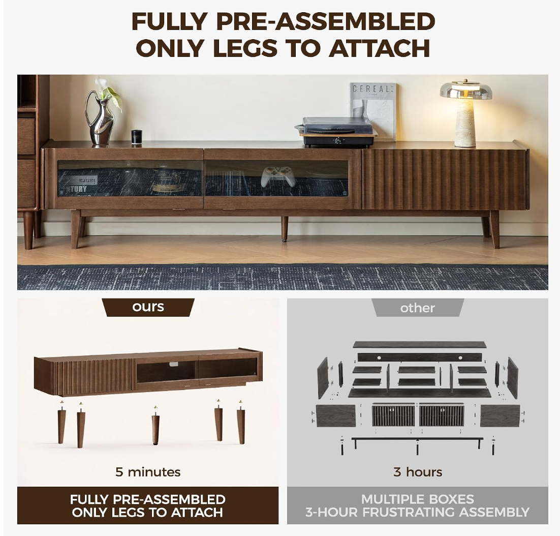 Solid RubberWood Fluted TV Media Console with Drawers and Open Shelf