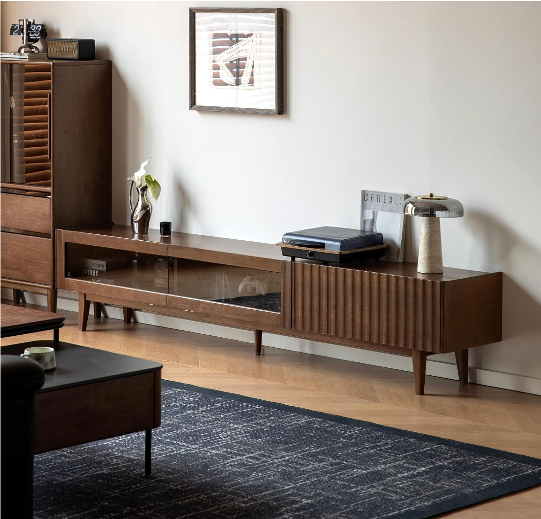 Solid RubberWood Fluted TV Media Console with Drawers and Open Shelf