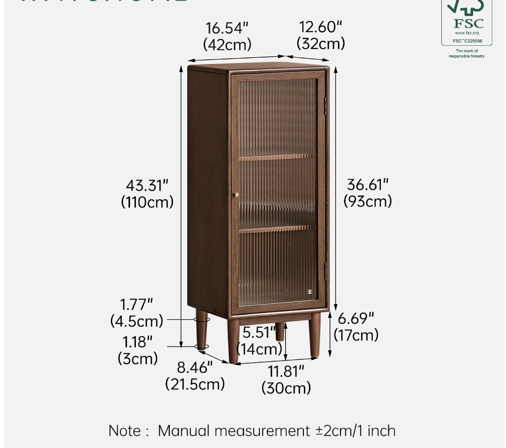 Solid Rubberwood Narrow Storage Cabinet with Fluted Glass Door and Adjustable Shelves