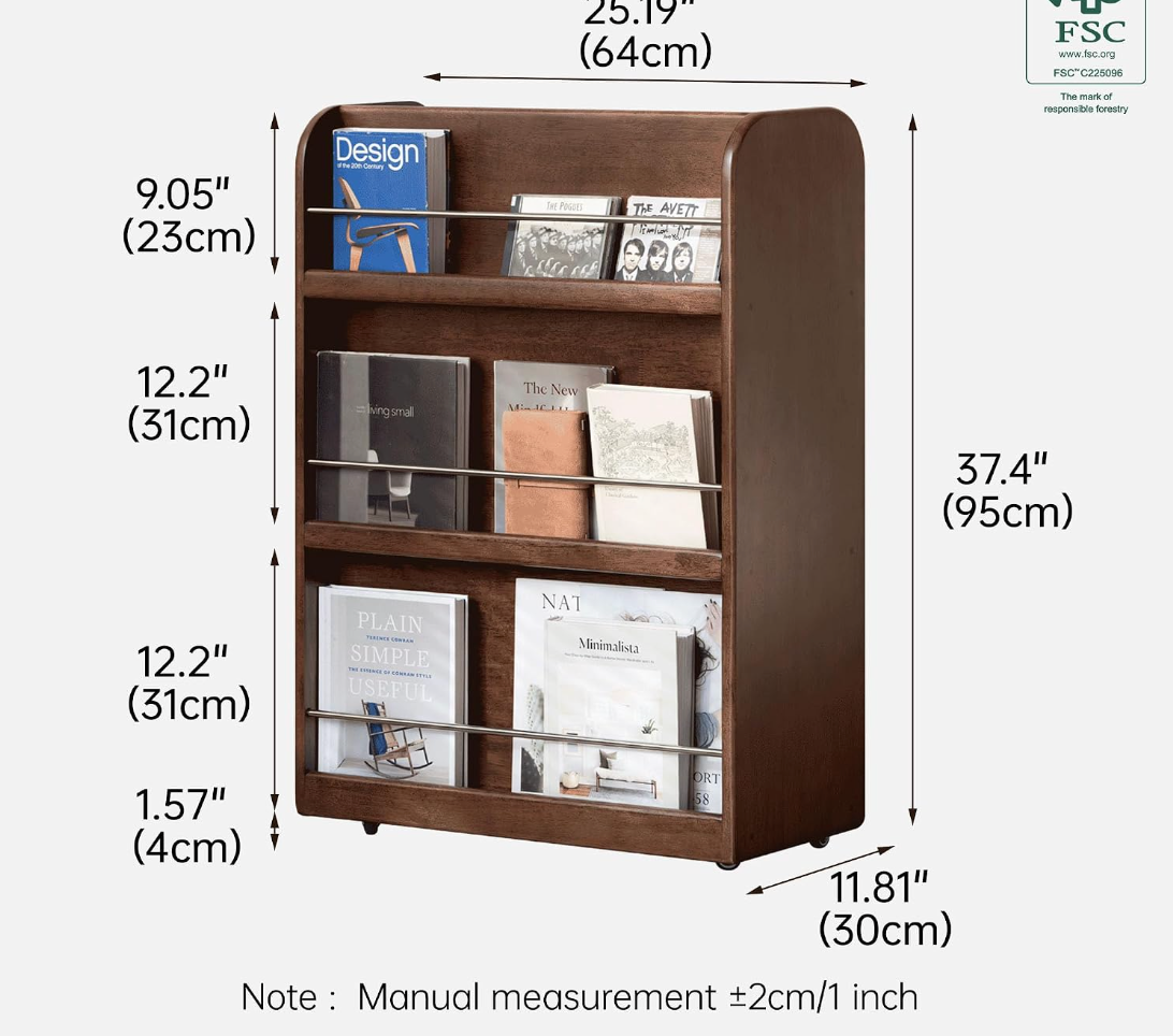 Rubberwood Solid Wood Rolling Bookcase with Wheels, Walnut