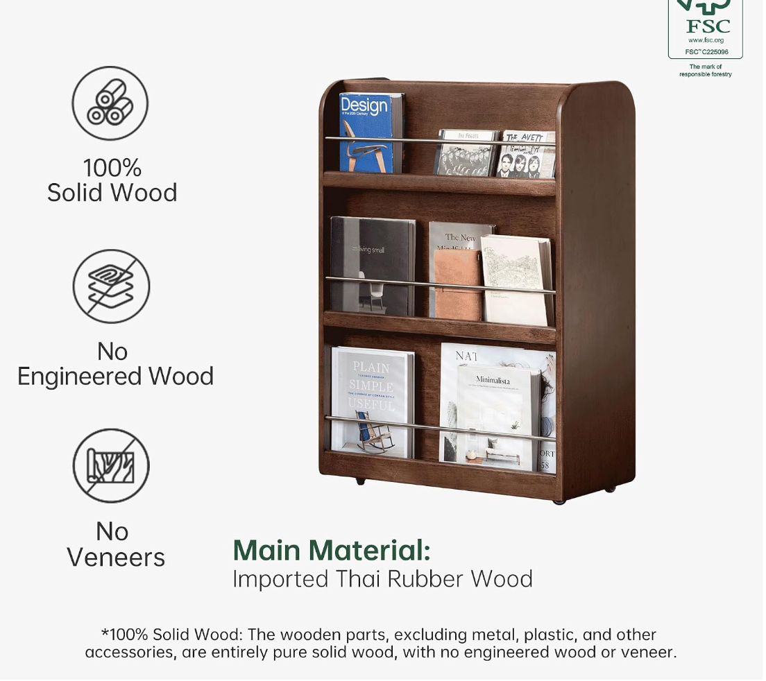 Rubberwood Solid Wood Rolling Bookcase with Wheels, Walnut