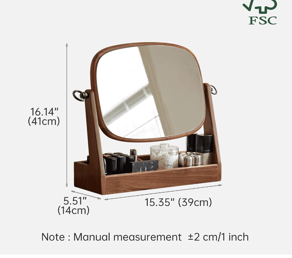 Black Walnut Solid Wood Vanity Makeup Mirror Tabletop