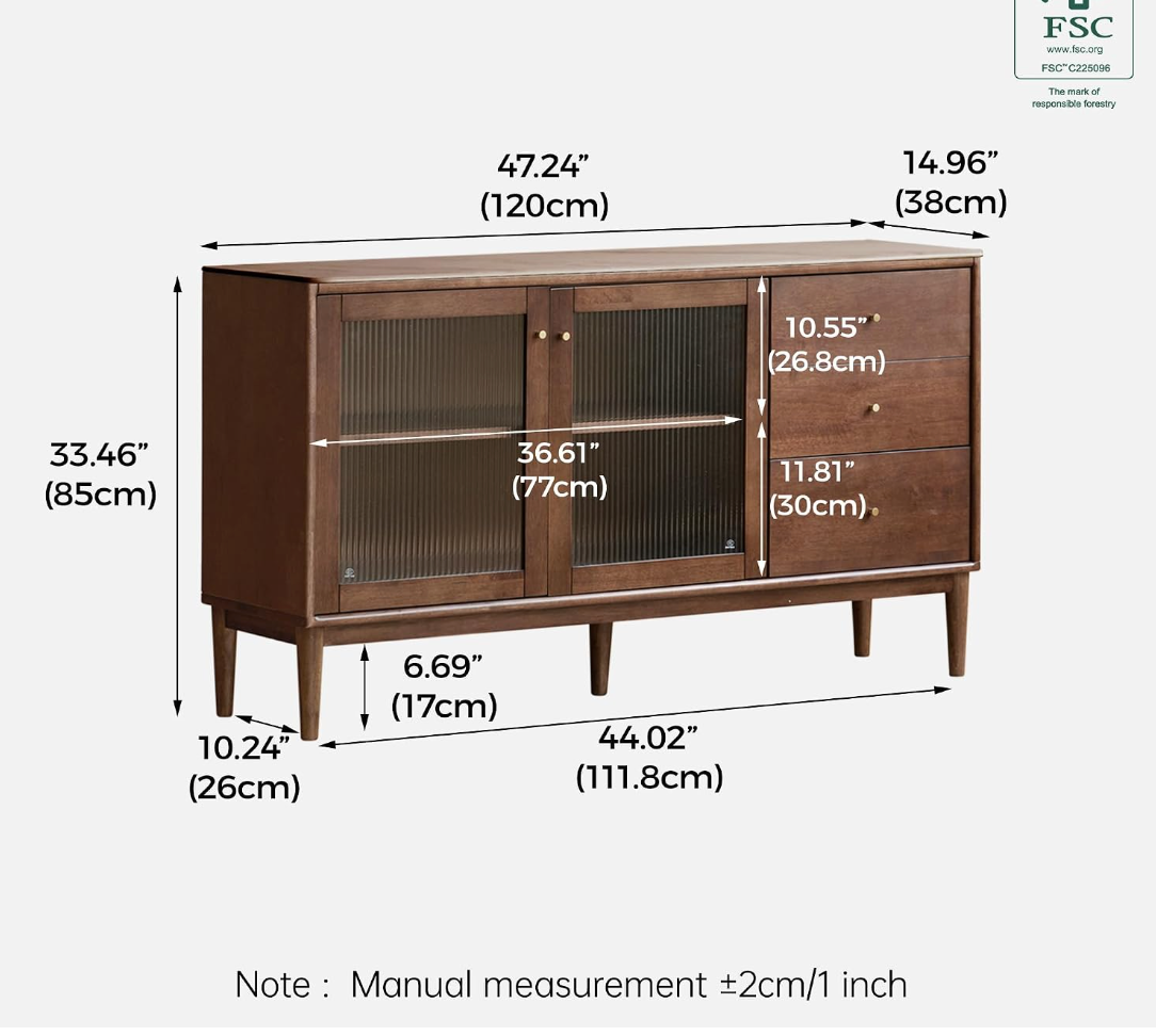 Solid Rubberwood Side Cabinet with Three Drawers and Two Doors