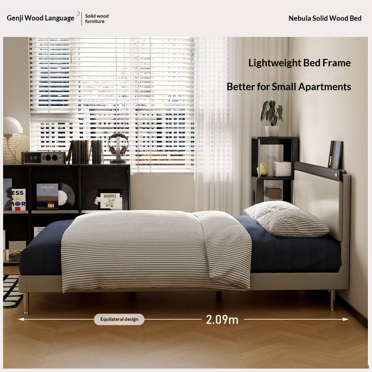 Rubberwood Solid Wood Bauhaus Platform Bed with Adjustable Headboard and Stainless Steel Legs