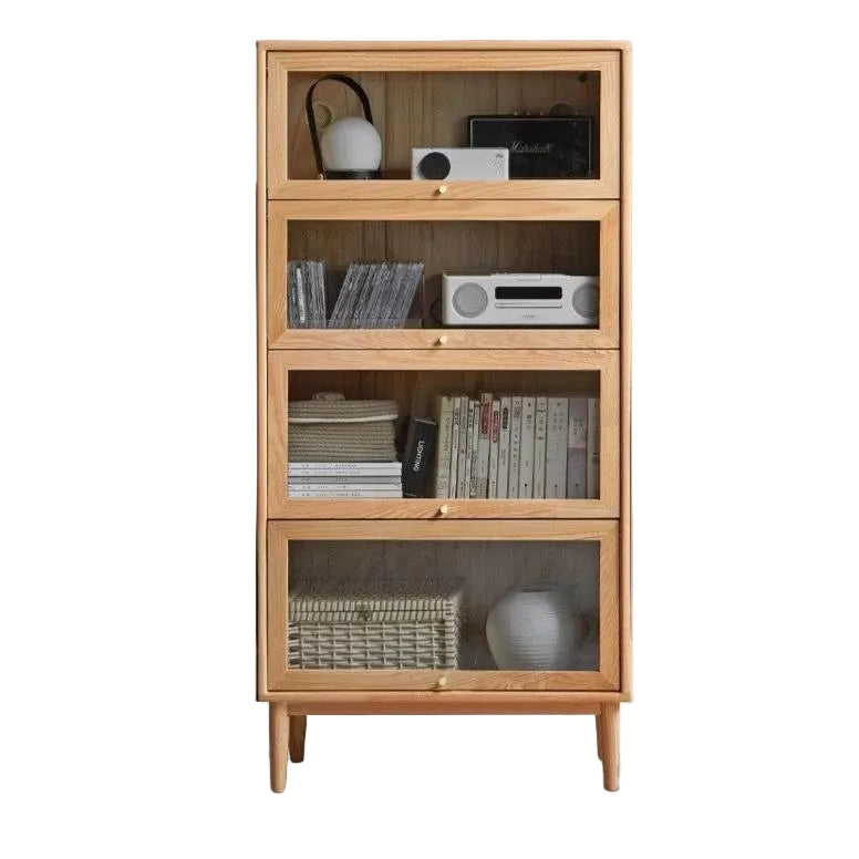 Solid Rubberwood, Oak Solid Wood Multi layer Flip Door Glass Bookcase