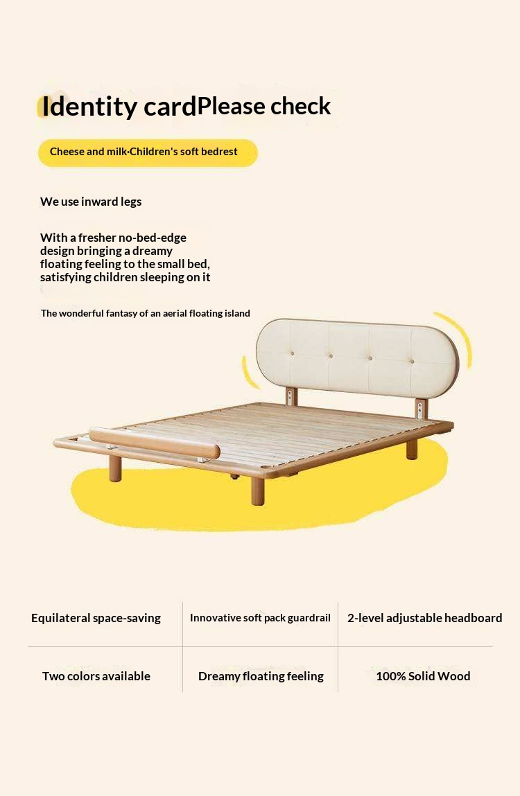 Beech Solid Wood Kids Floating Platform Bed with Upholstered Headboard and Optional Guardrails