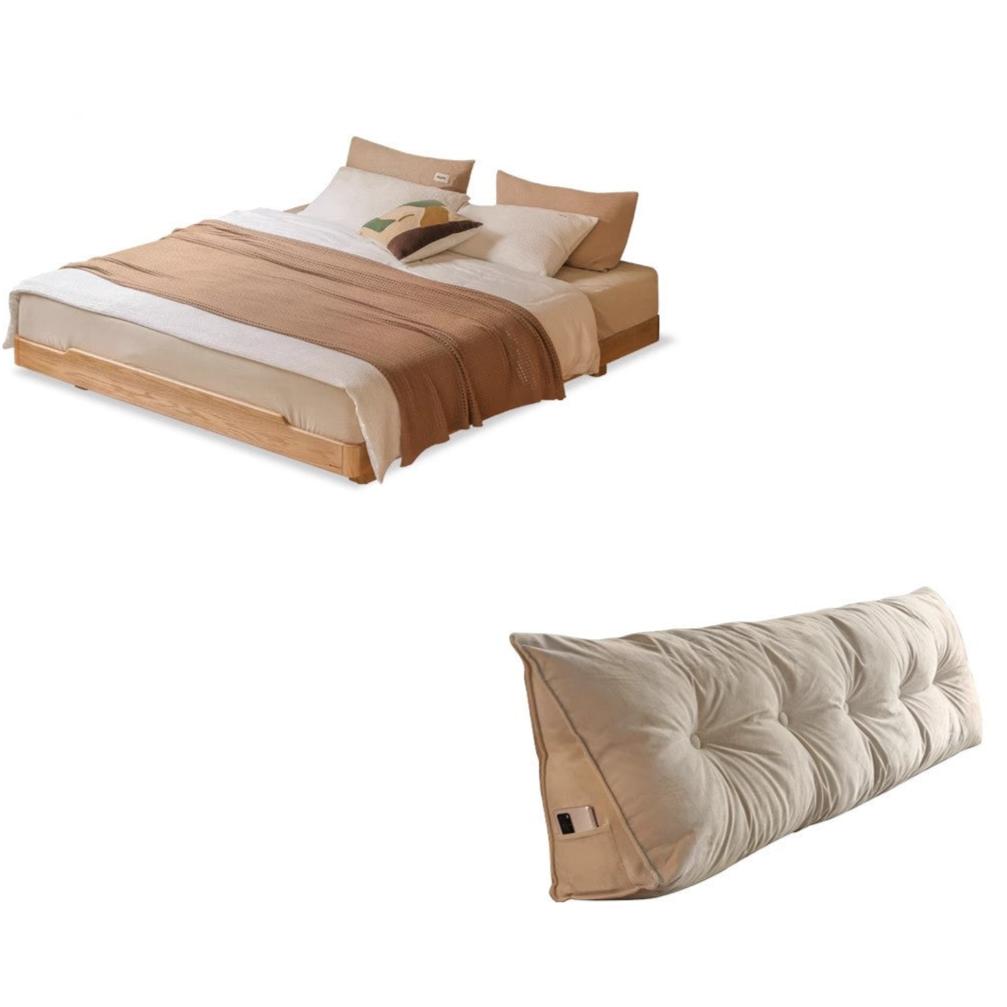 Oak, Beech Solid wood modern platform bed, headboard-free suspended bed with light