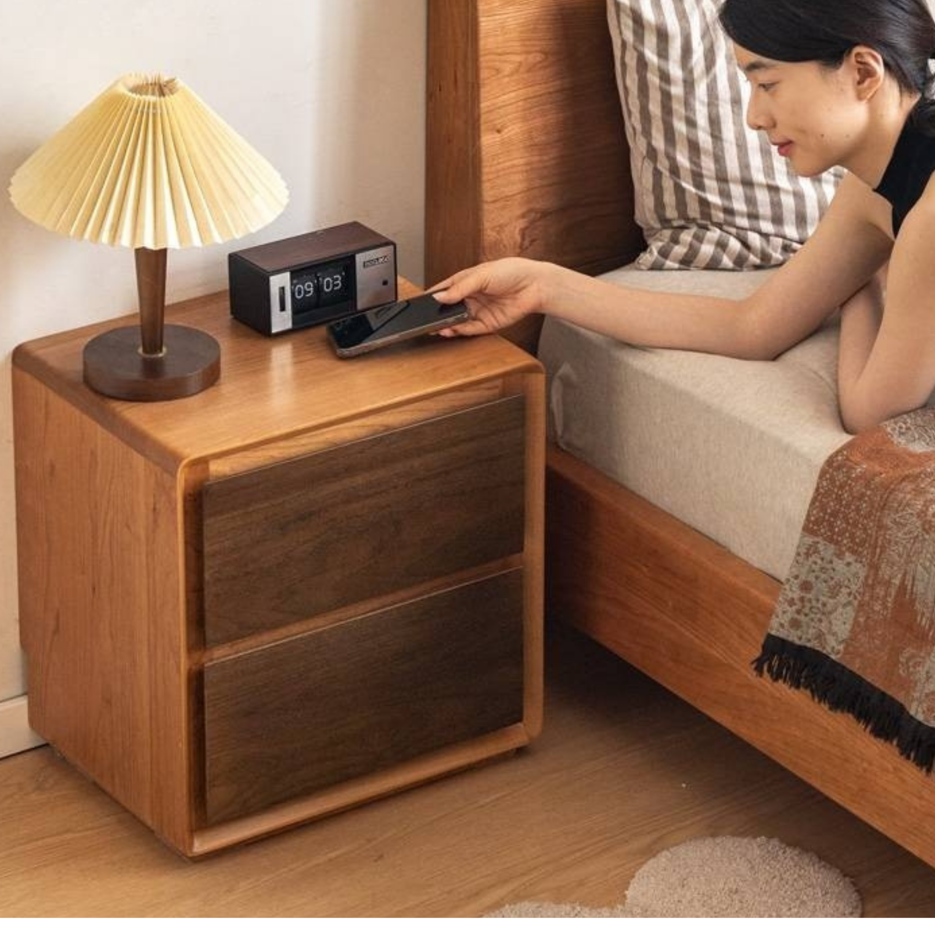 Cherry Solid Wood, Solid Rubberwood Nightstand