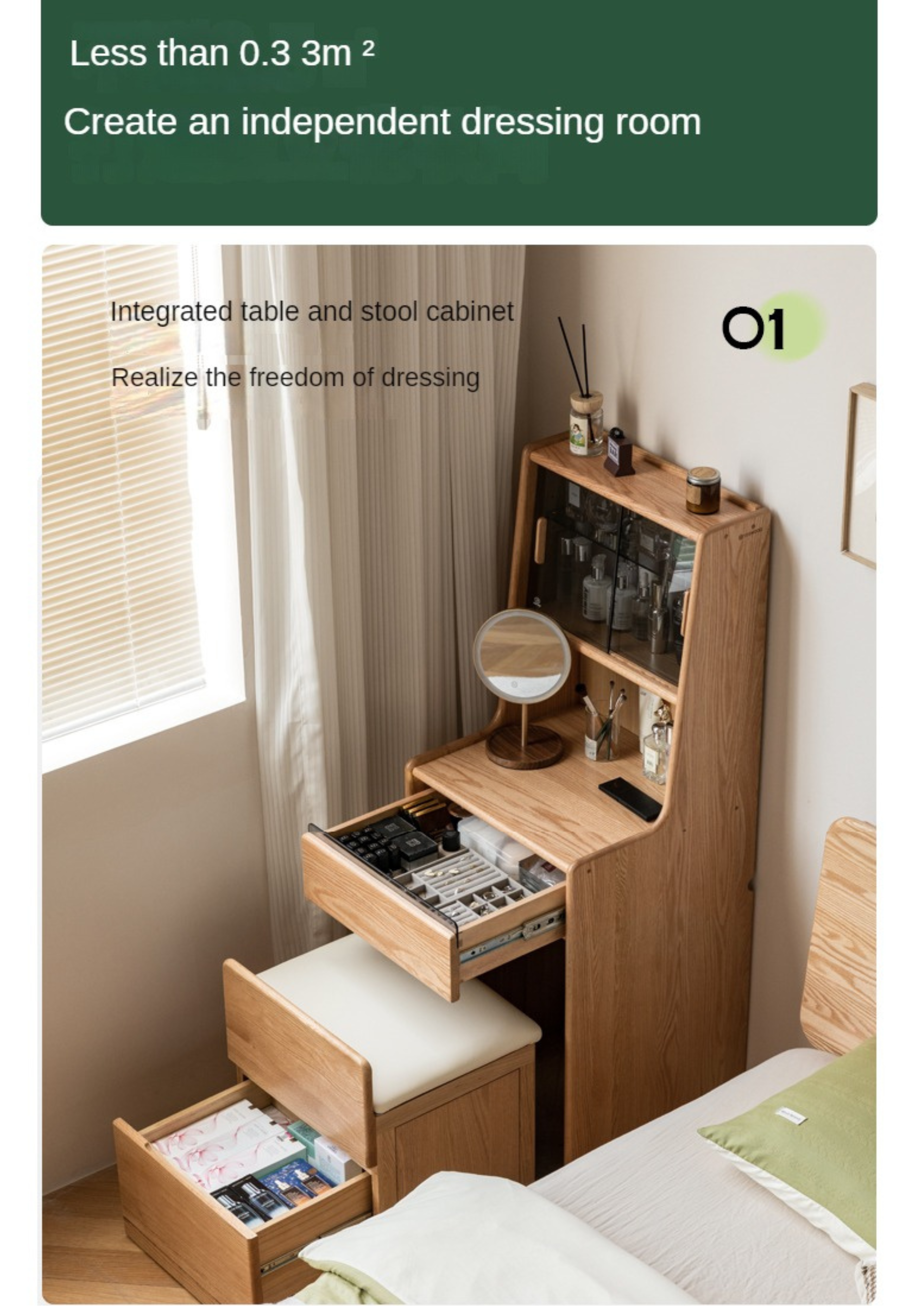 Oak, Solid Rubberwood Modern Vanity Table