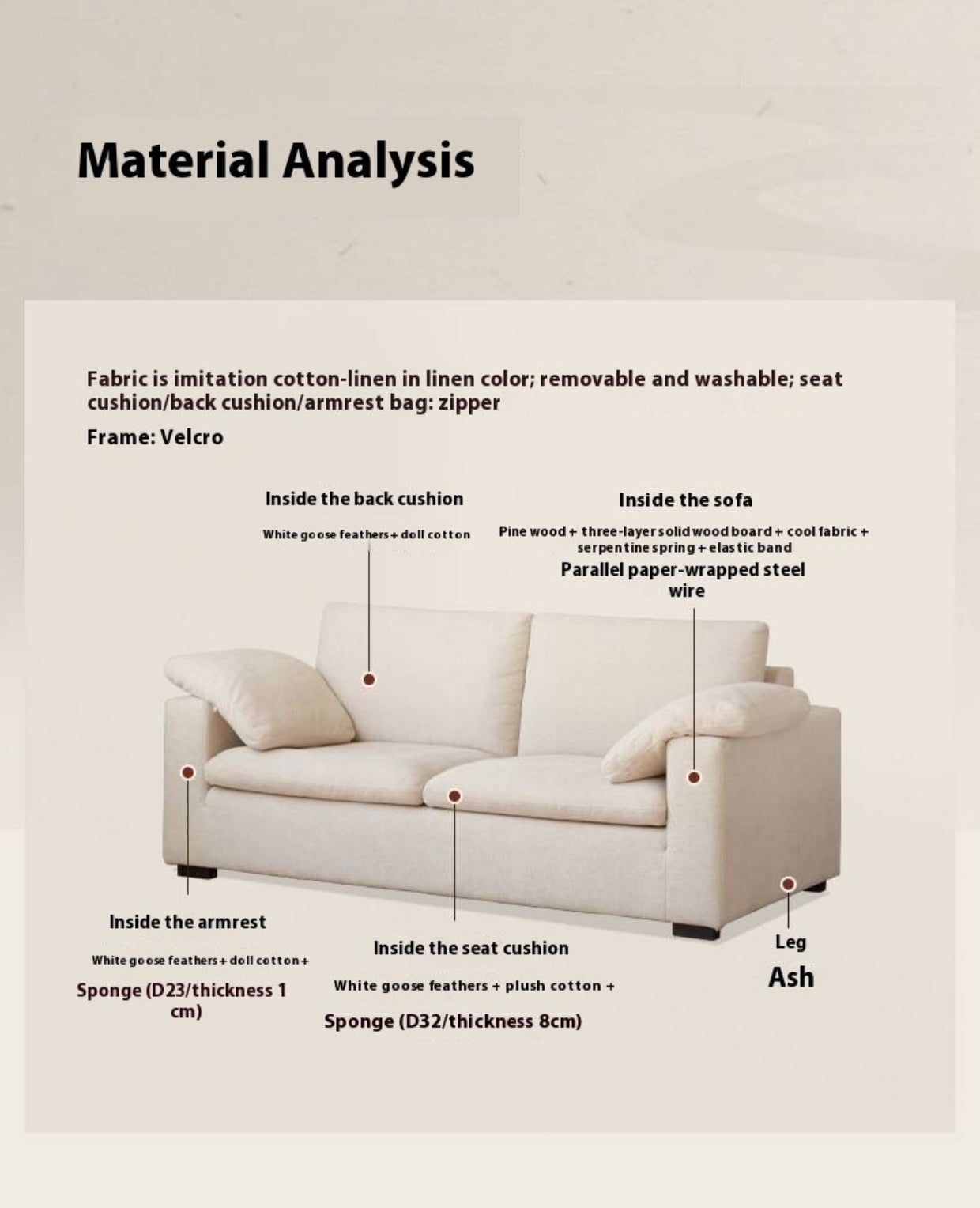 Wabi-Sabi Fabric Sofa with Detachable and Washable Covers