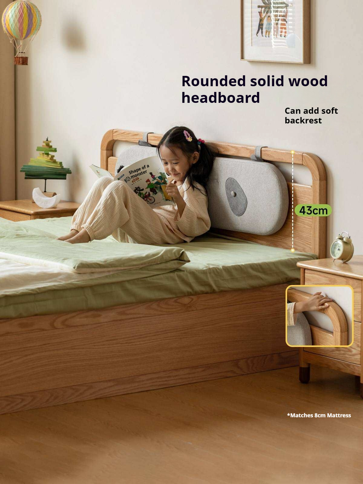 Oak, Rubberwood Solid Wood Storage Bed with Adjustable Height and Gas Lift