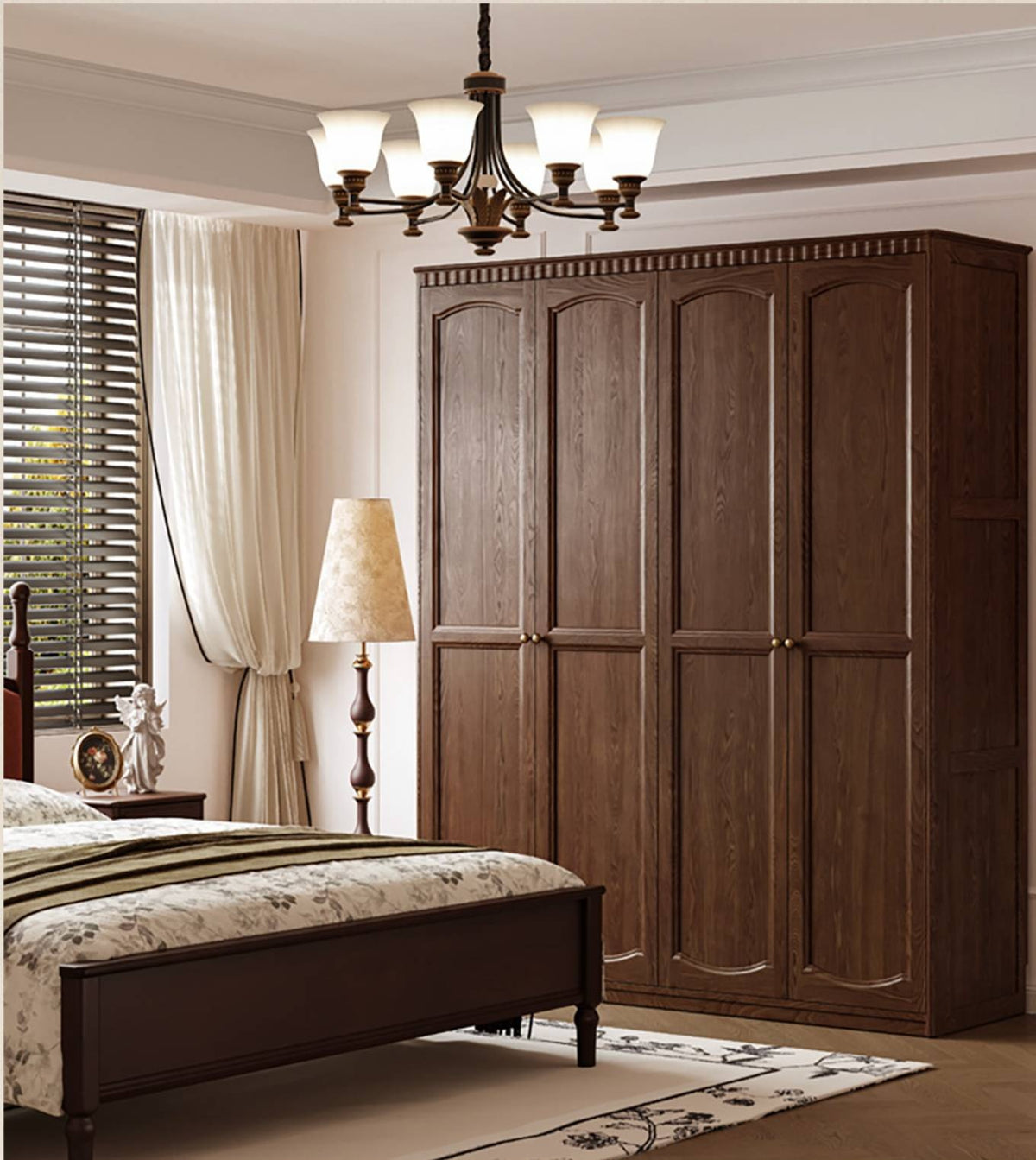 Ash Solid Wood Traditional 4-Door Armoire with Raised Panel Doors and Crown Molding