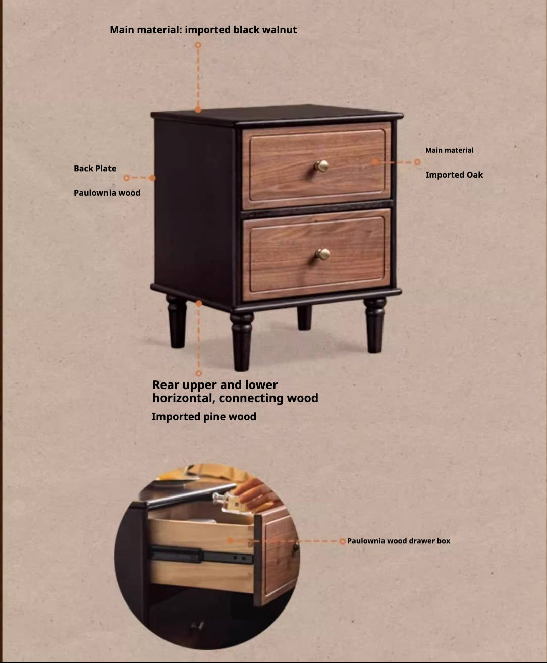 Black Walnut, Solid Rubberwood American Retro Style Nightstand