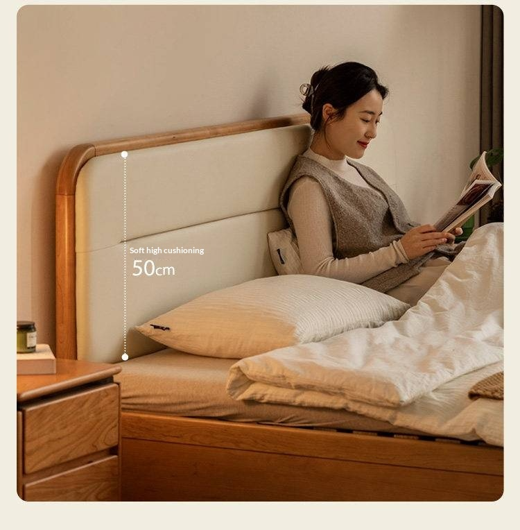 Cherry Solid Wood Box Bed — Vintage Style with Soft Backrest