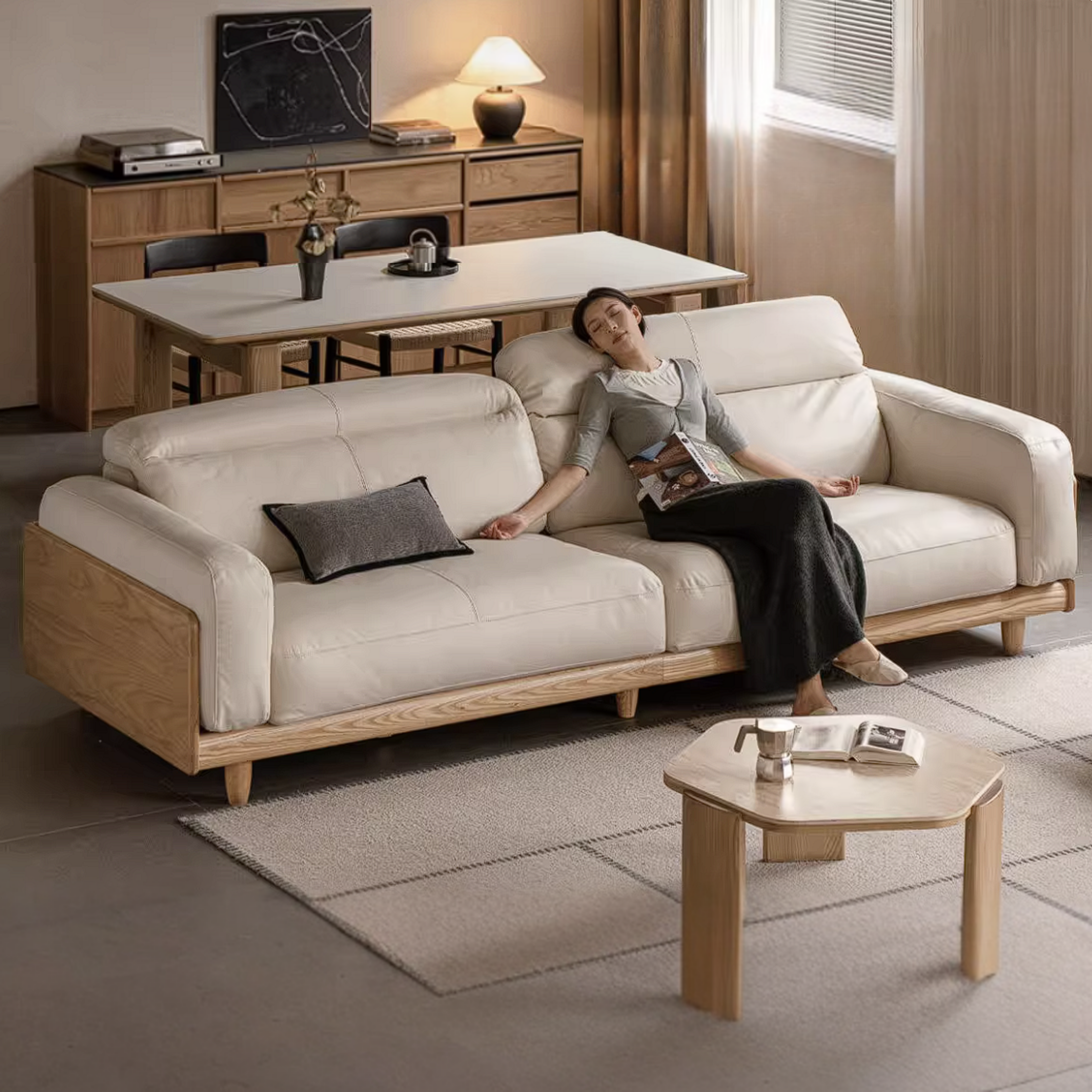 Ash Solid Wood Genuine leather Sofa with Solid Wood Frame and Adjustable Headrest
