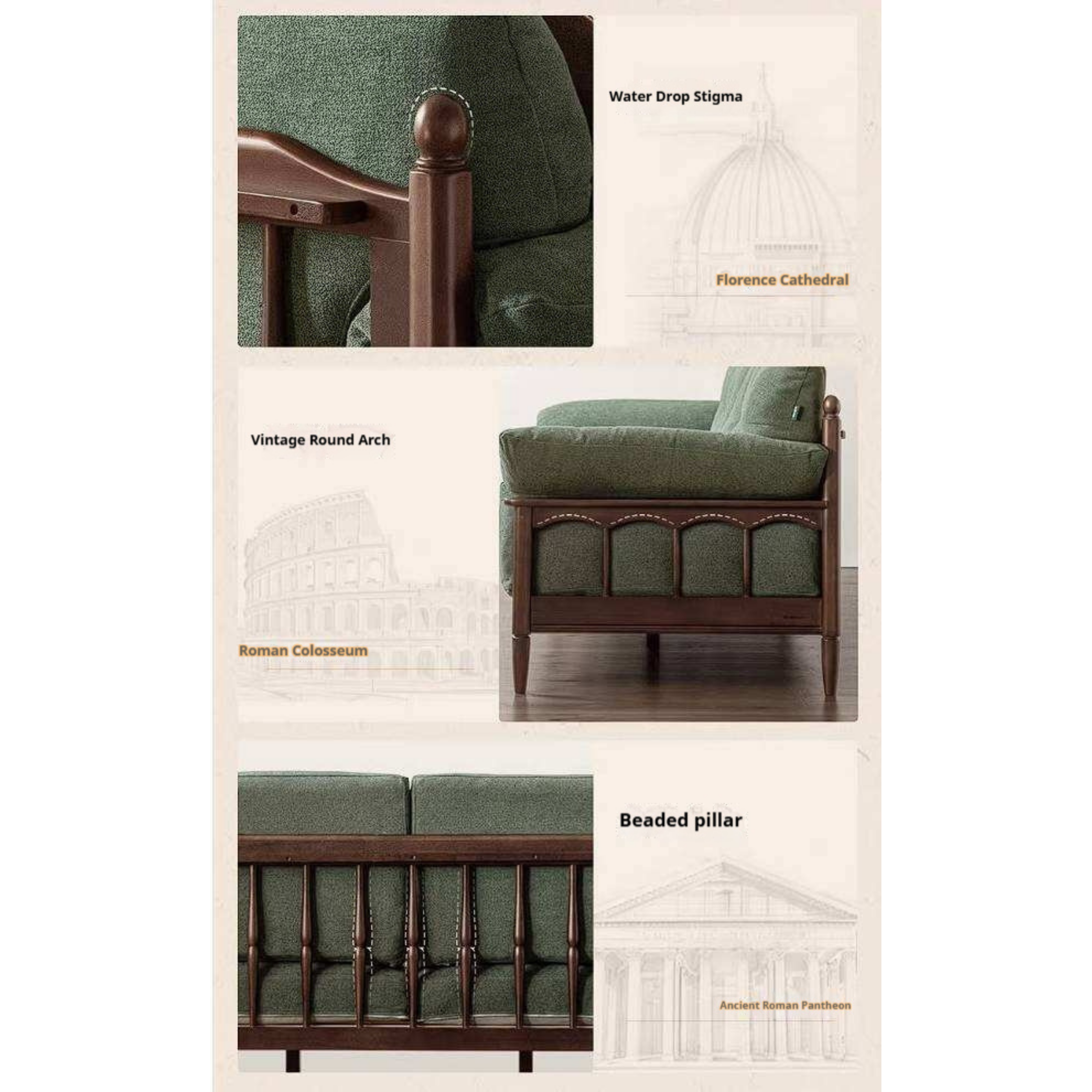 Poplar Solid Wood French Country Sofa with Spindle Arm Panels and High Back