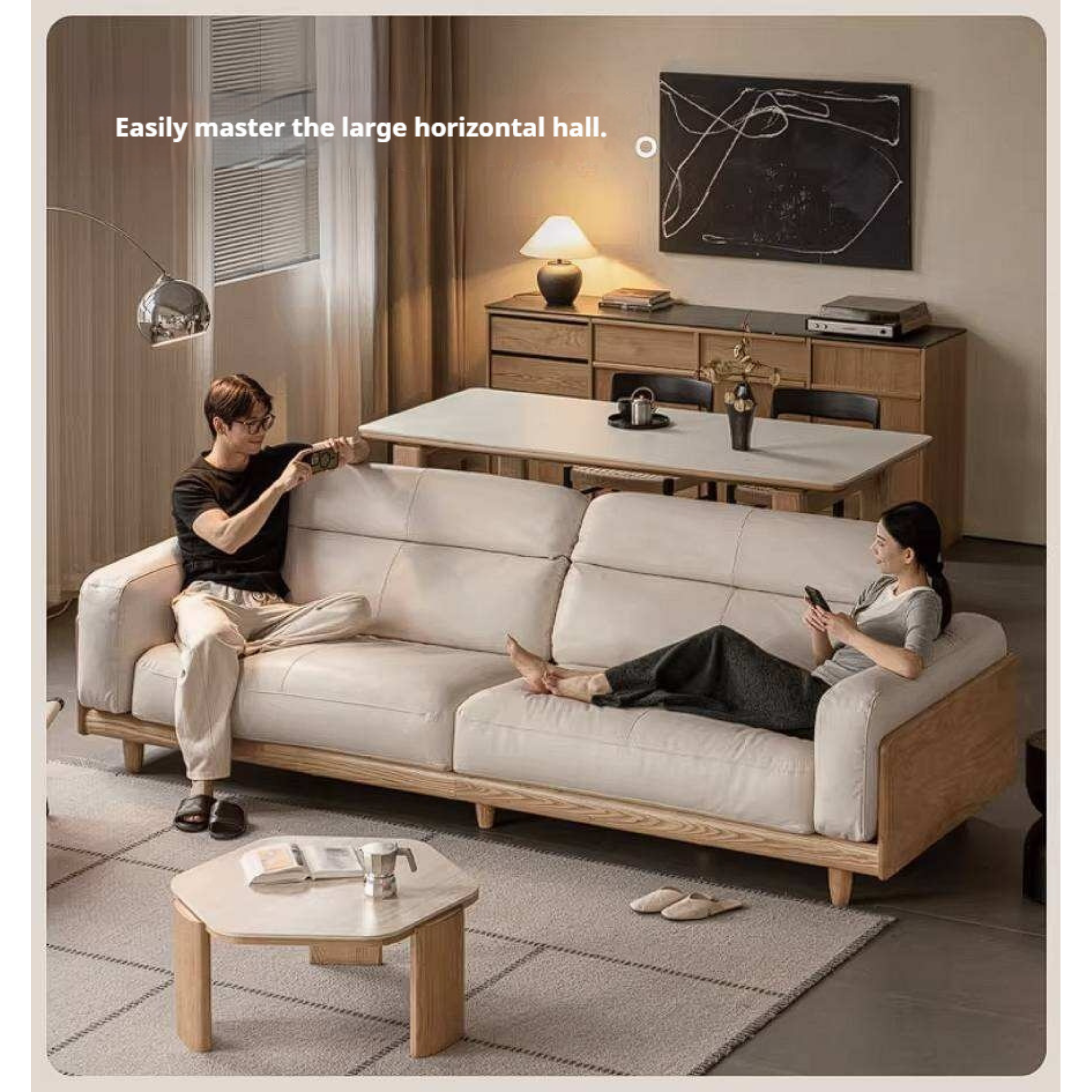 Ash Solid Wood Genuine leather Sofa with Solid Wood Frame and Adjustable Headrest