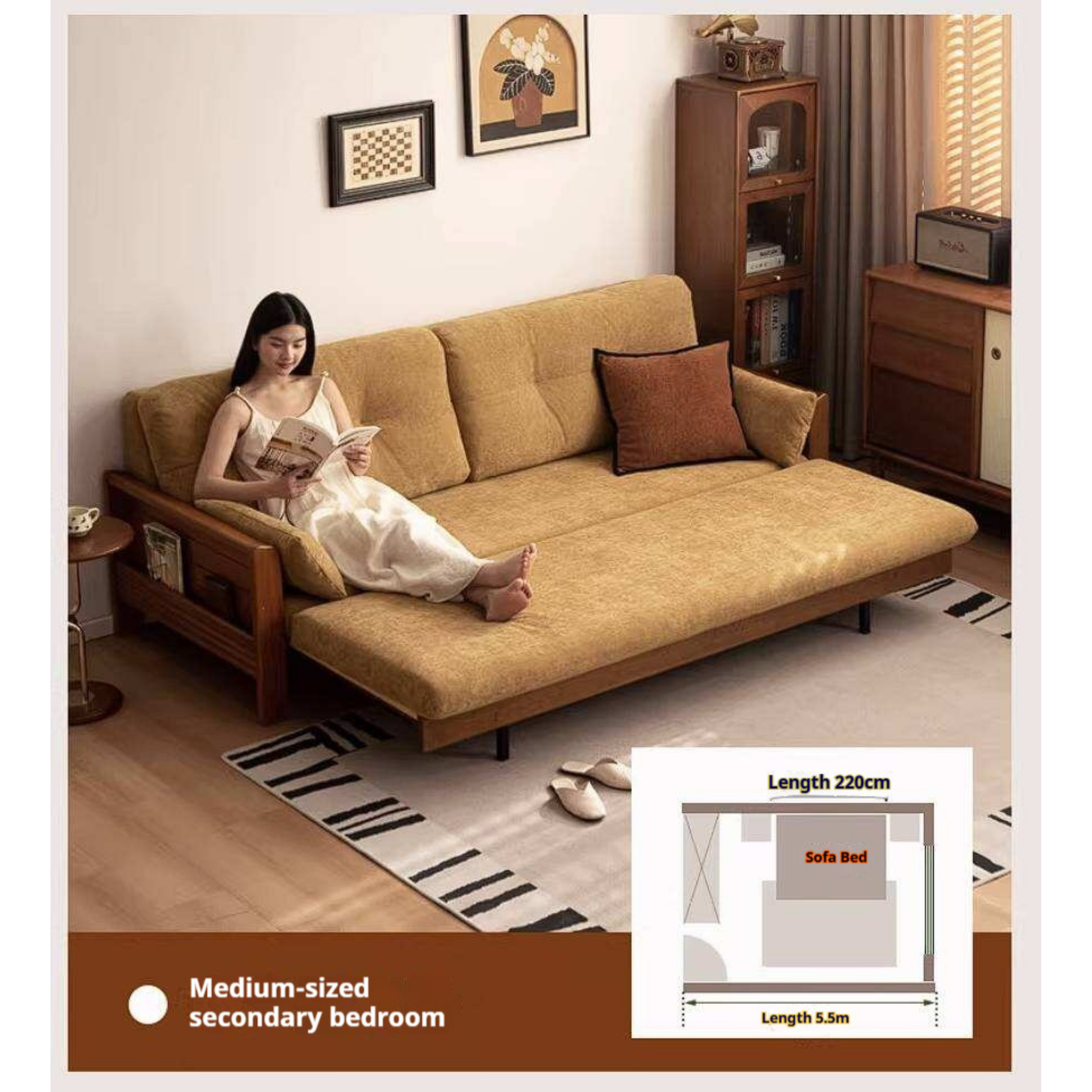 Solid Wood Vintage-Inspired Sofa Bed with Spacious Lounge Design