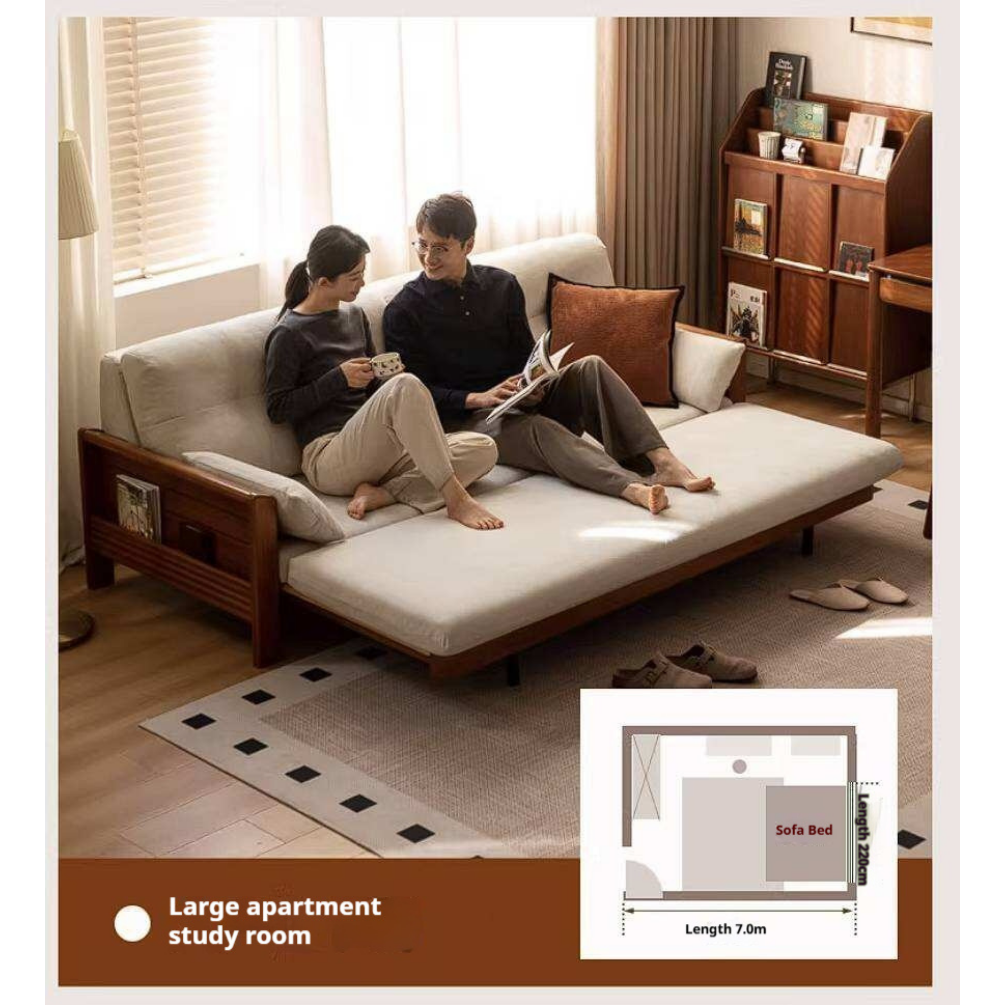 Solid Wood Vintage-Inspired Sofa Bed with Spacious Lounge Design