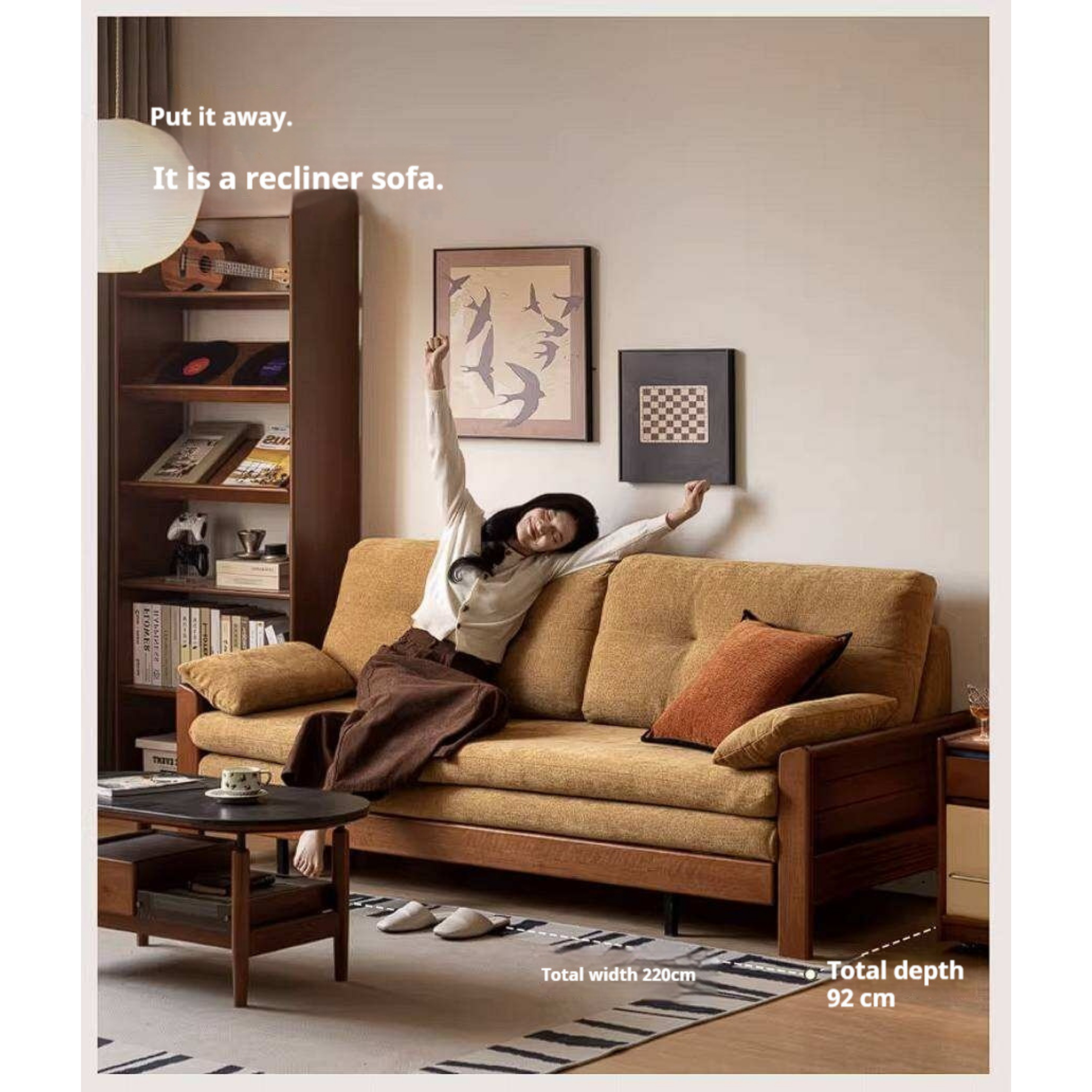 Solid Wood Vintage-Inspired Sofa Bed with Spacious Lounge Design