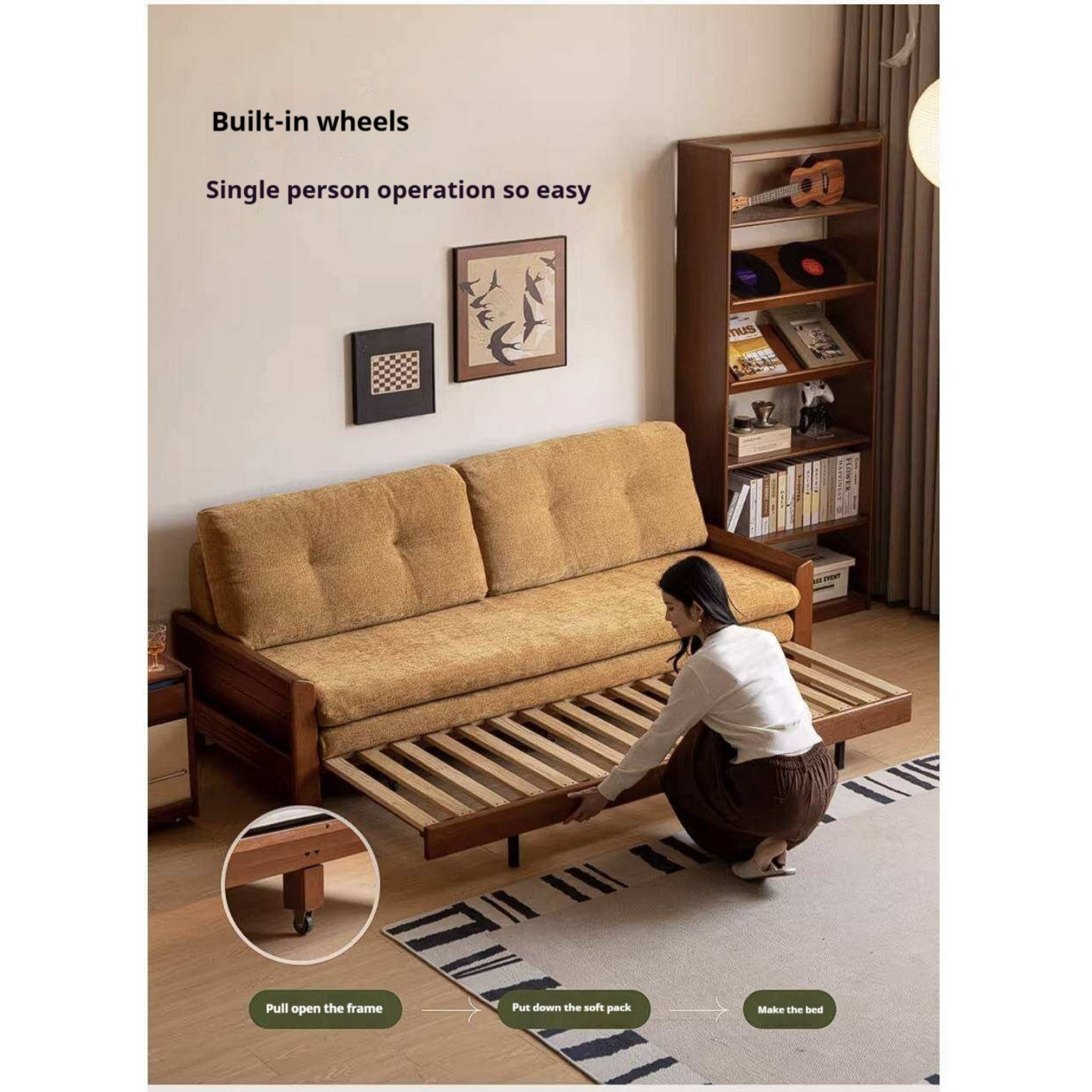 Solid Wood Vintage-Inspired Sofa Bed with Spacious Lounge Design