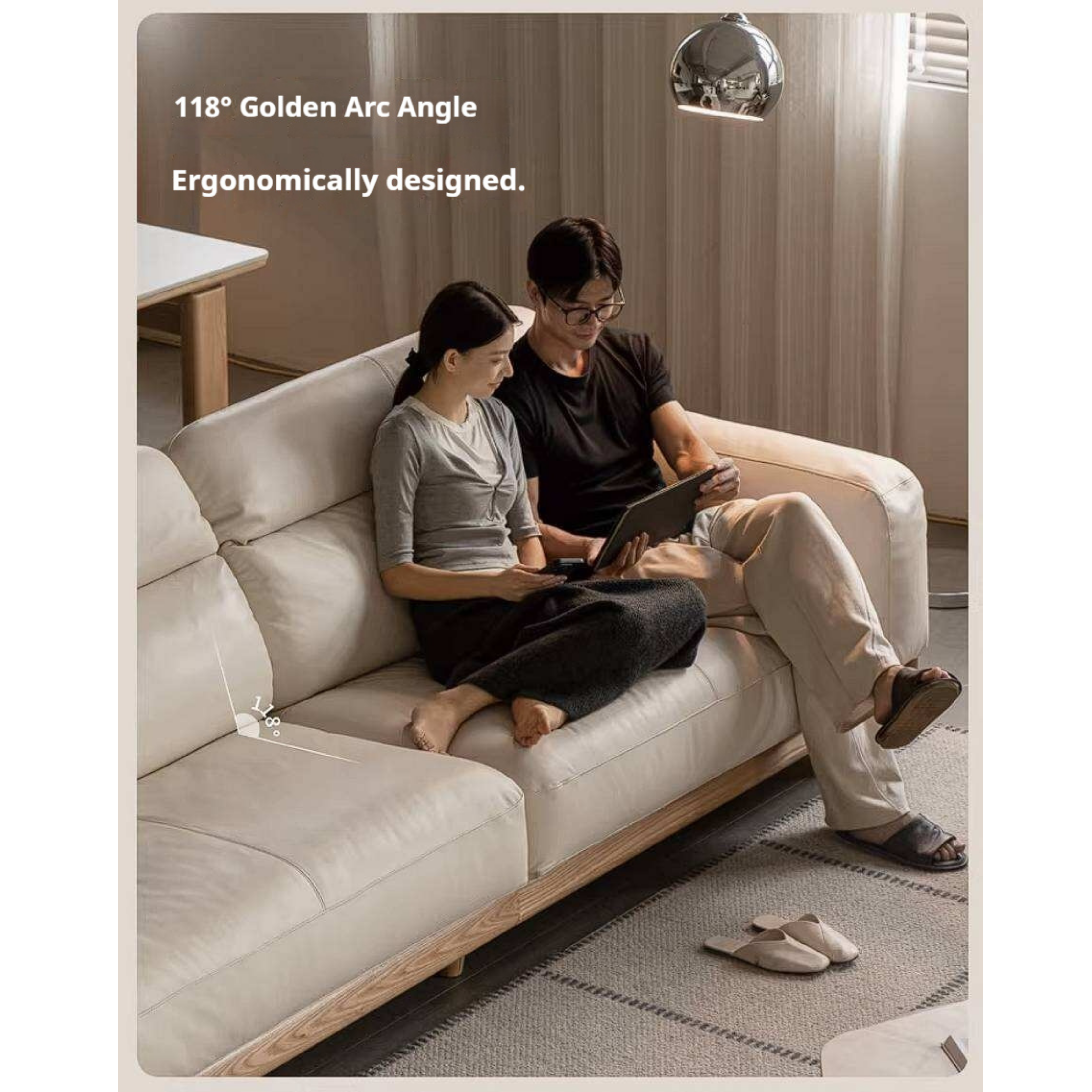 Ash Solid Wood Genuine leather Sofa with Solid Wood Frame and Adjustable Headrest