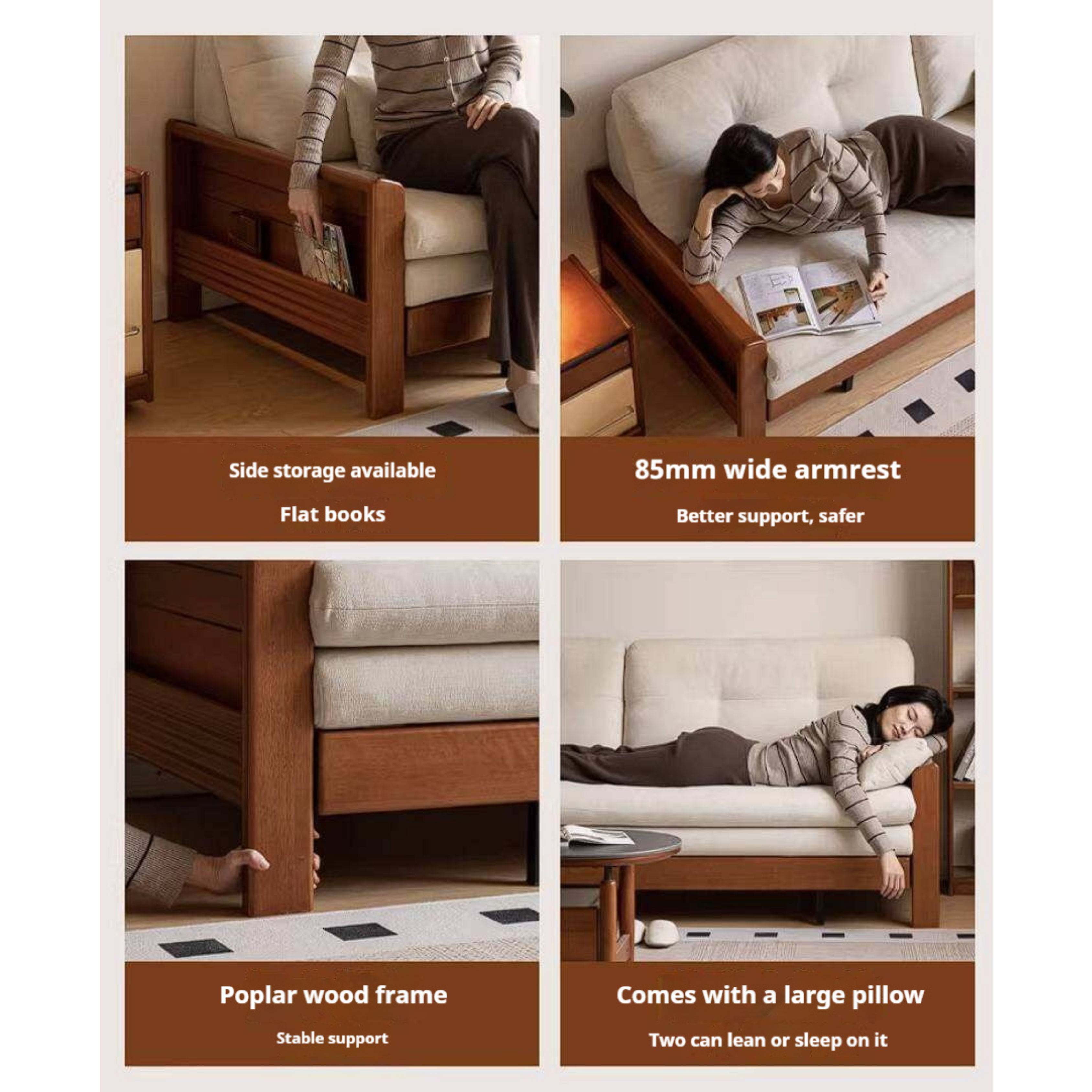 Solid Wood Vintage-Inspired Sofa Bed with Spacious Lounge Design