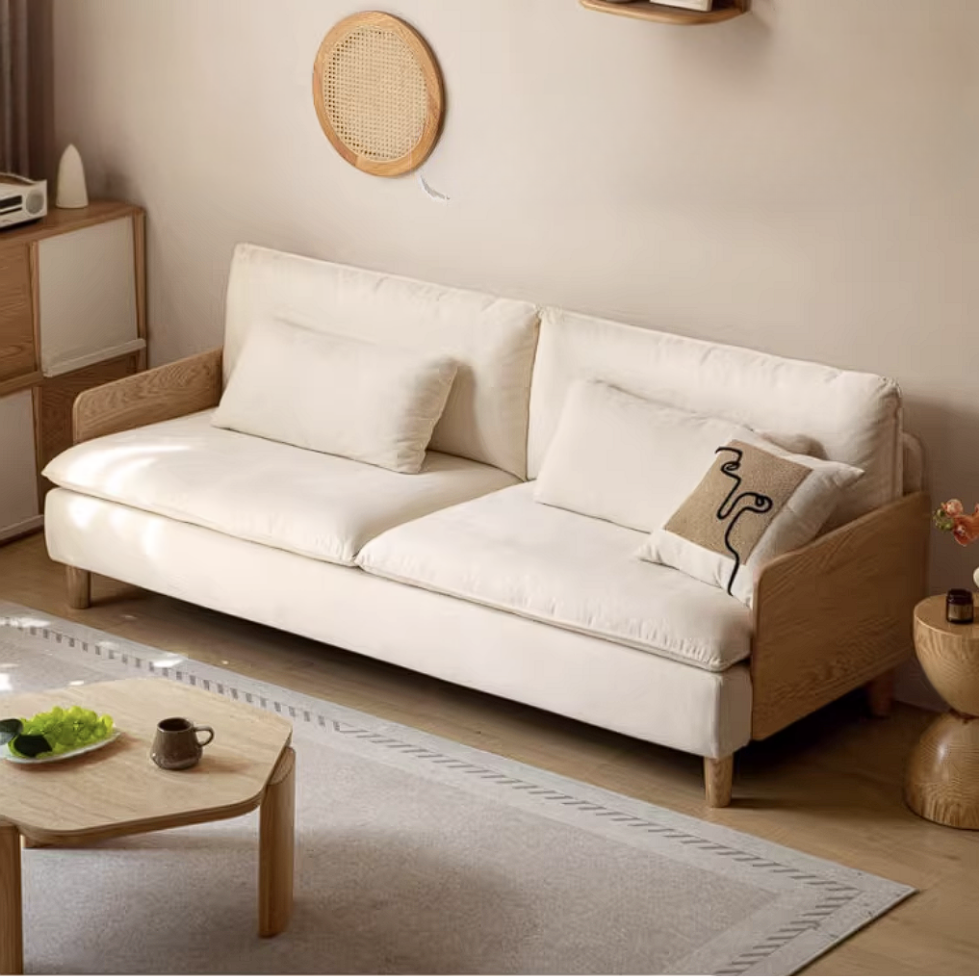 Oak Solid Wood Chenille Sofa with Wood Arm Panels and Pillow Back Cushions