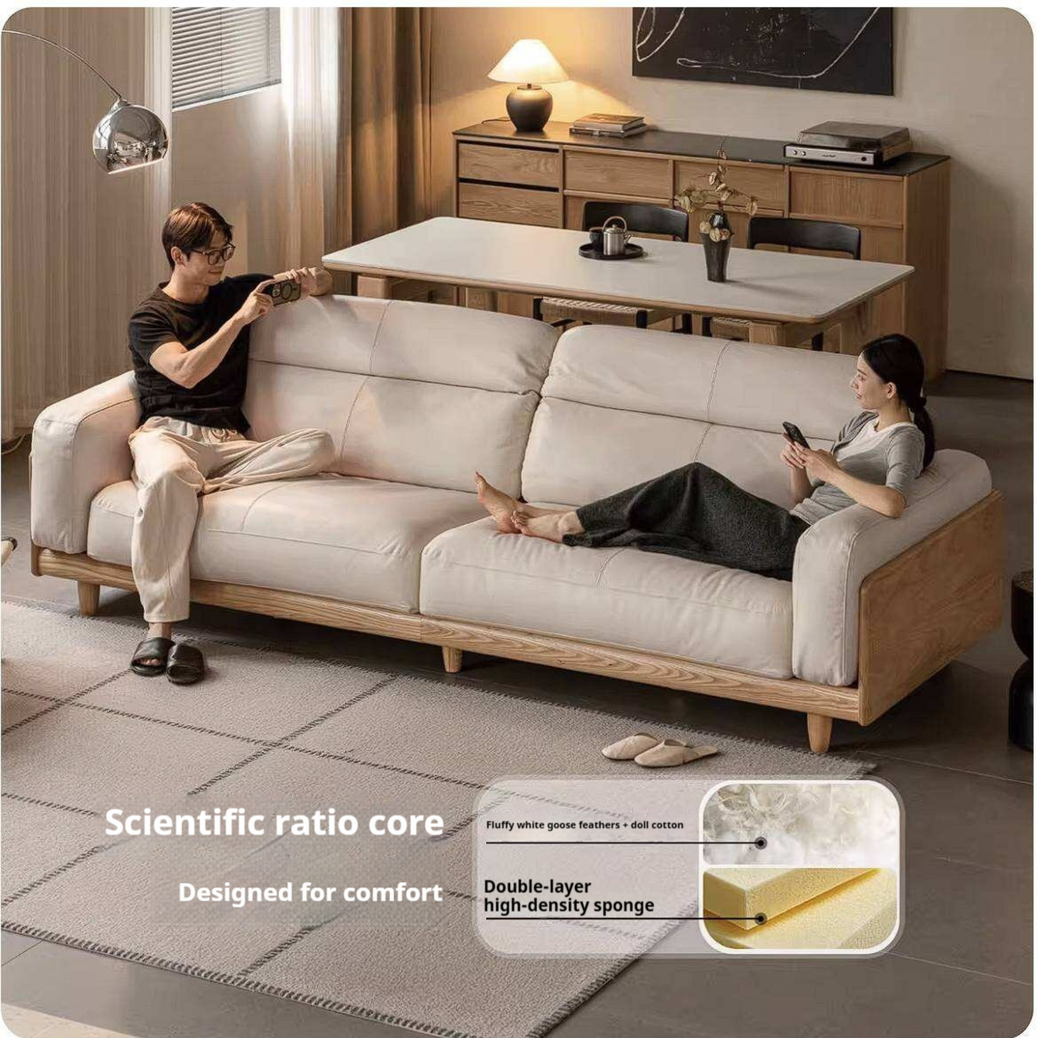 Ash Solid Wood Genuine leather Sofa with Solid Wood Frame and Adjustable Headrest