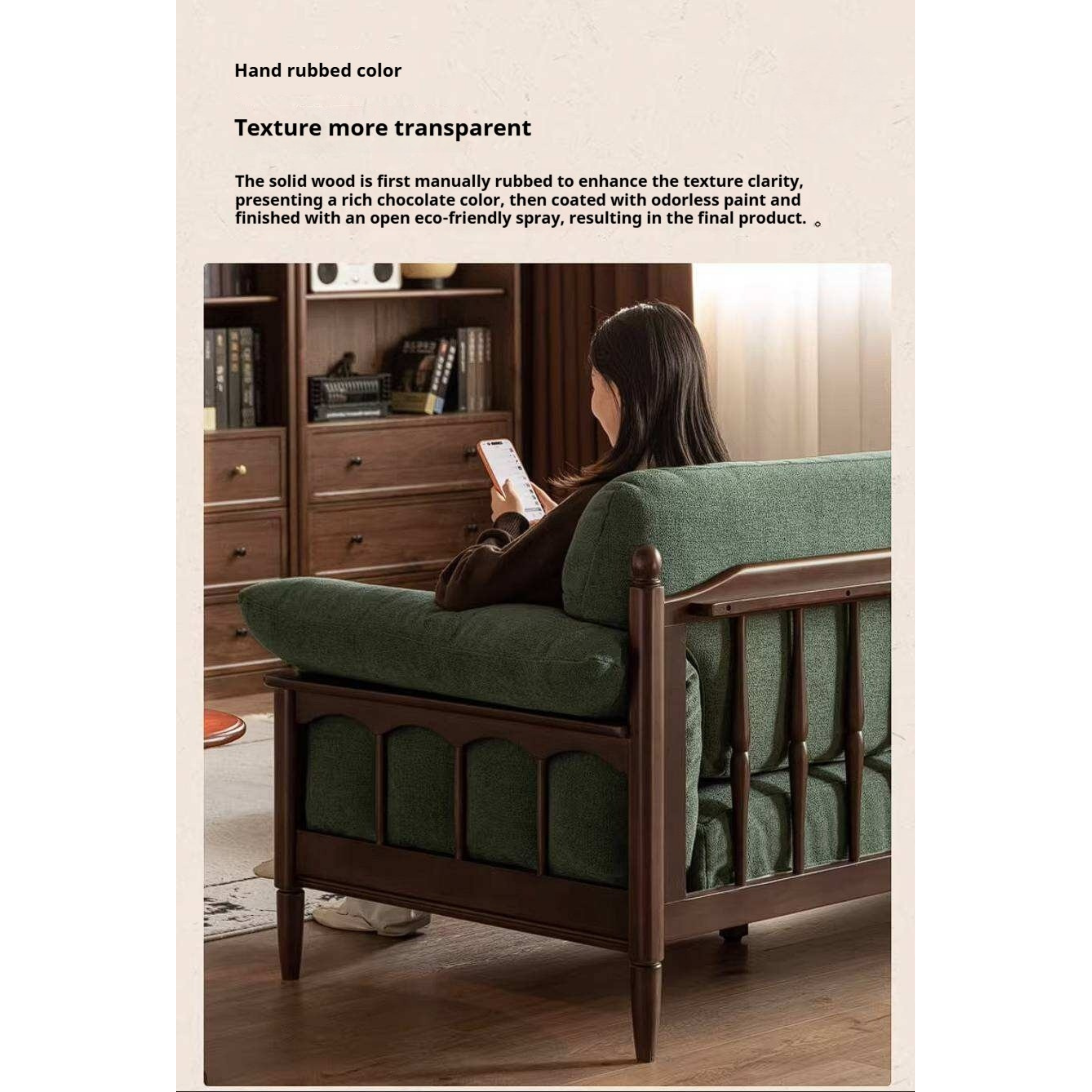 Poplar Solid Wood French Country Sofa with Spindle Arm Panels and High Back