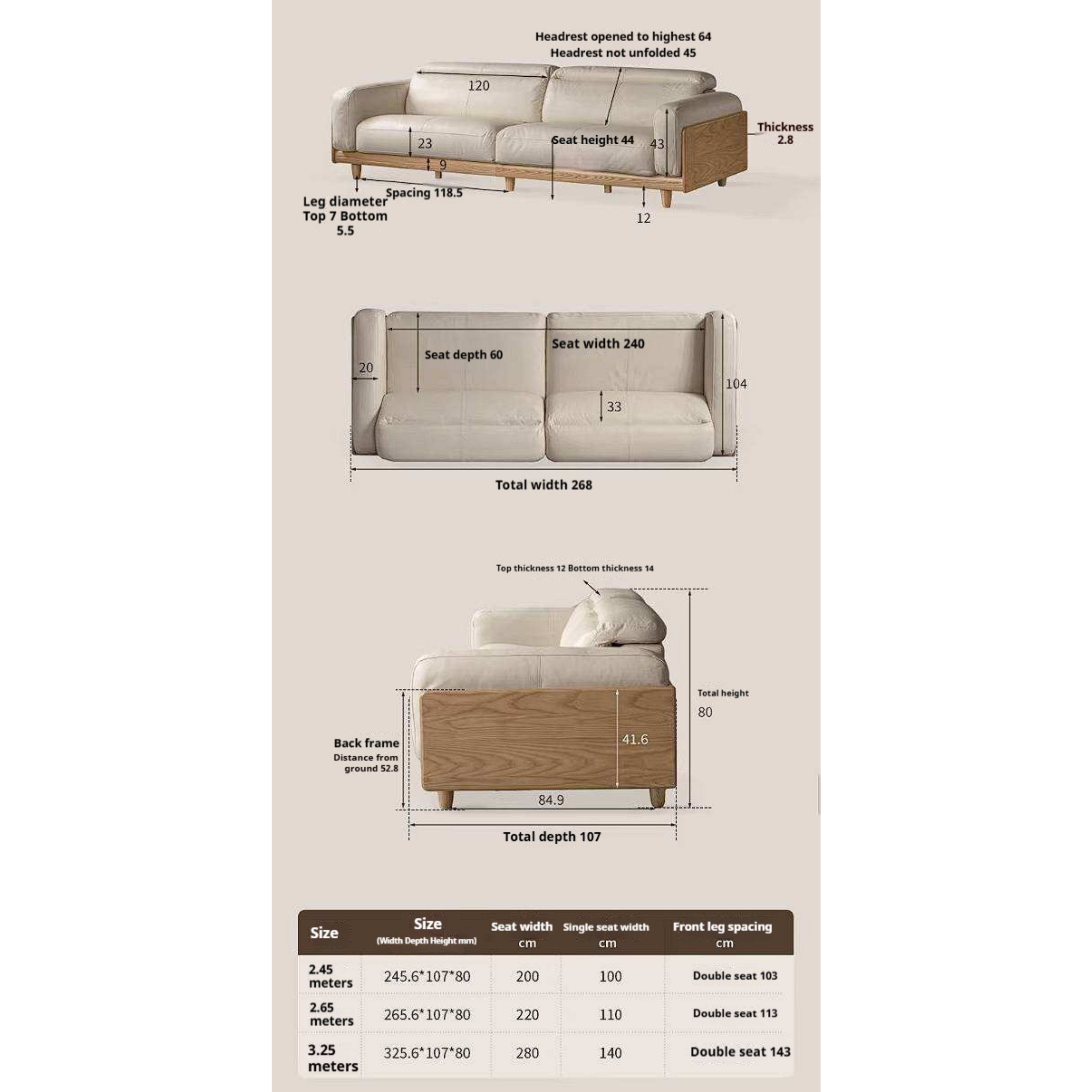 Ash Solid Wood Genuine leather Sofa with Solid Wood Frame and Adjustable Headrest