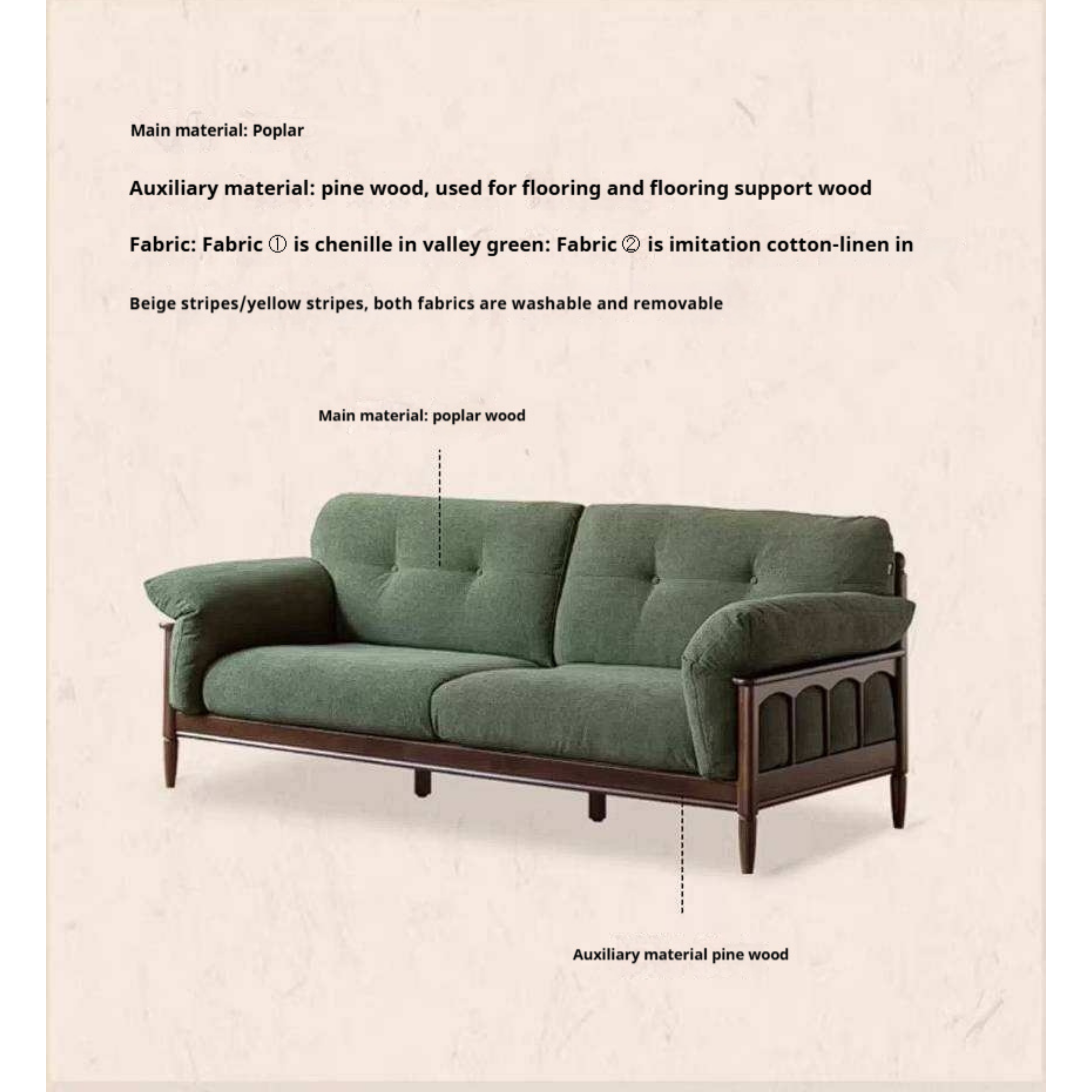 Poplar Solid Wood French Country Sofa with Spindle Arm Panels and High Back