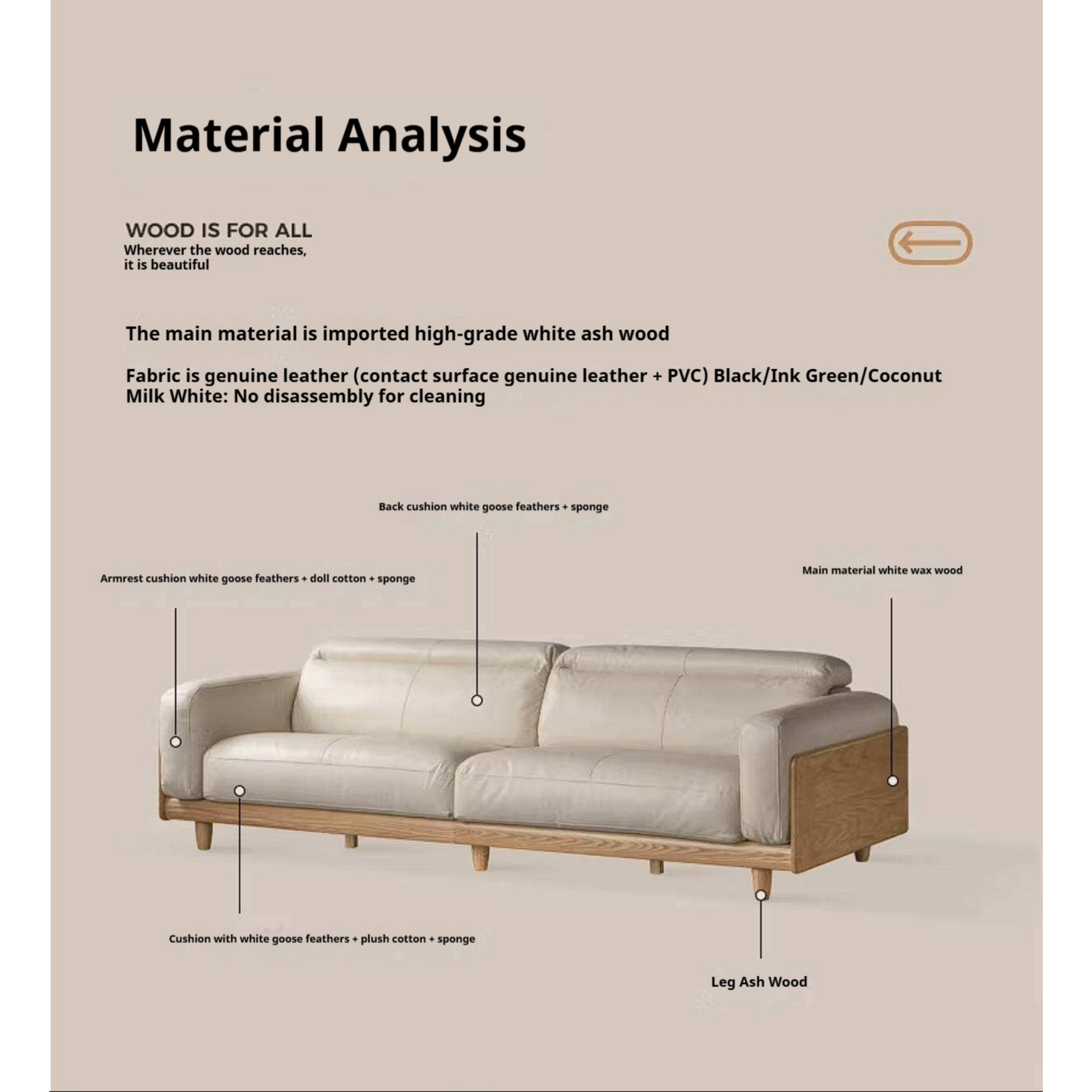 Ash Solid Wood Genuine leather Sofa with Solid Wood Frame and Adjustable Headrest