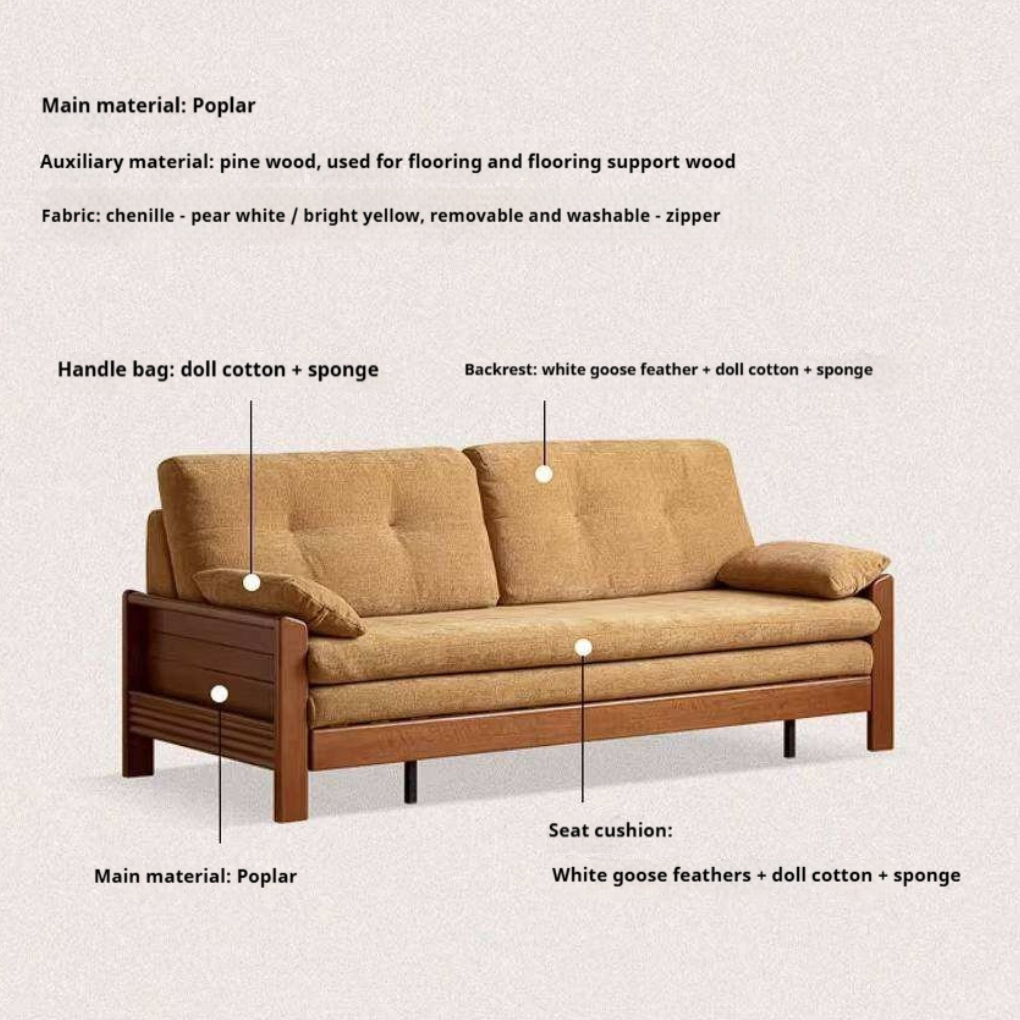 Solid Wood Vintage-Inspired Sofa Bed with Spacious Lounge Design