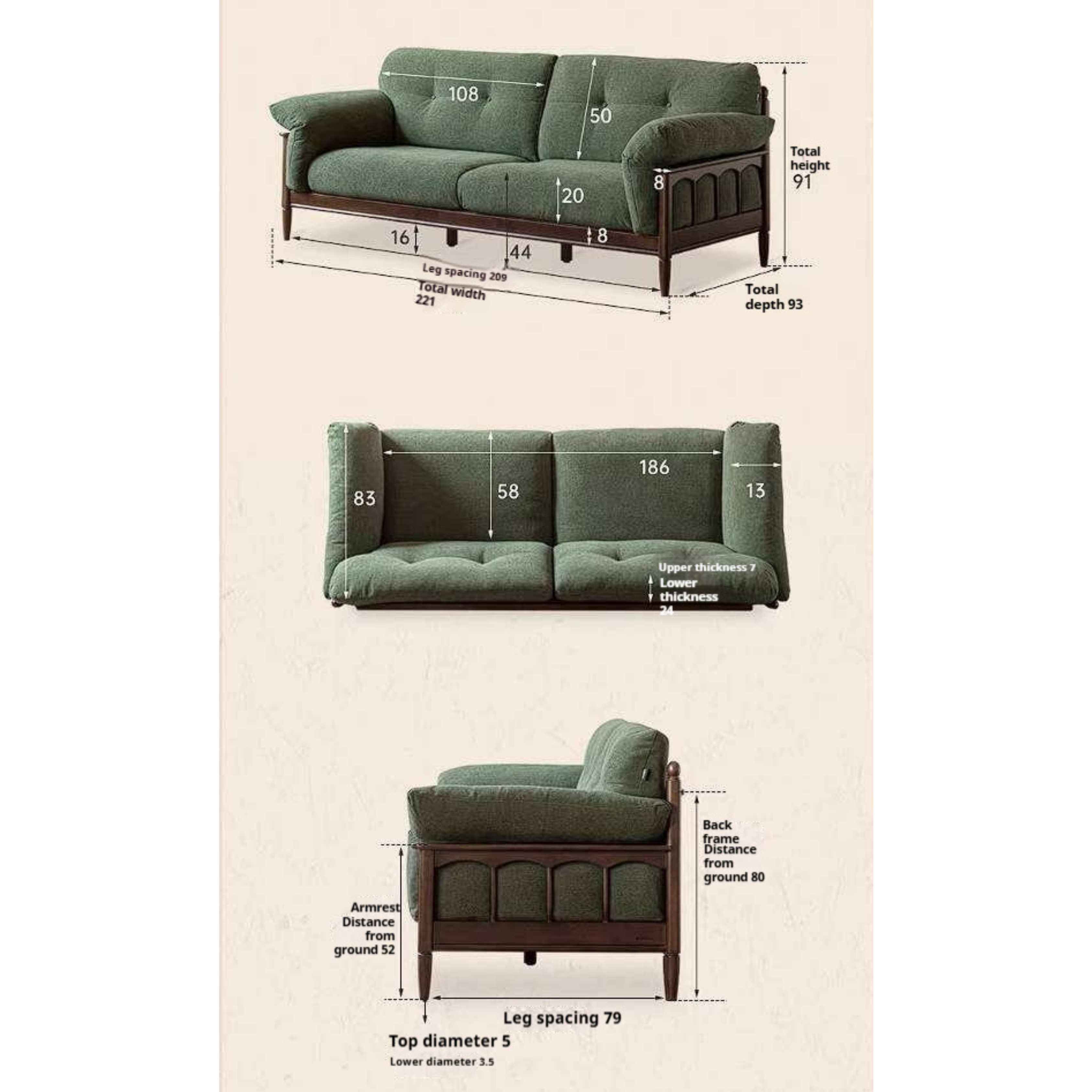 Poplar Solid Wood French Country Sofa with Spindle Arm Panels and High Back