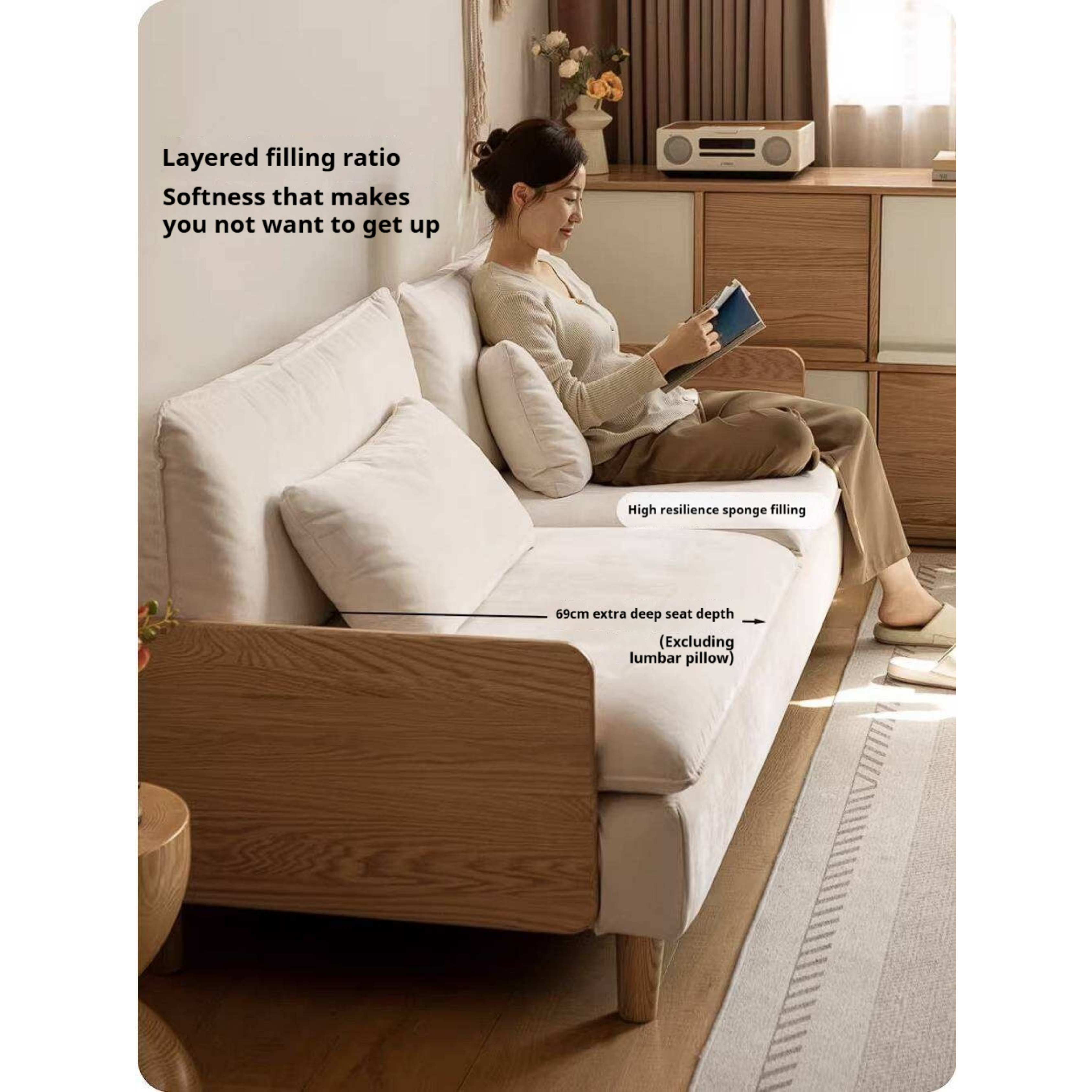 Oak Solid Wood Chenille Sofa with Wood Arm Panels and Pillow Back Cushions