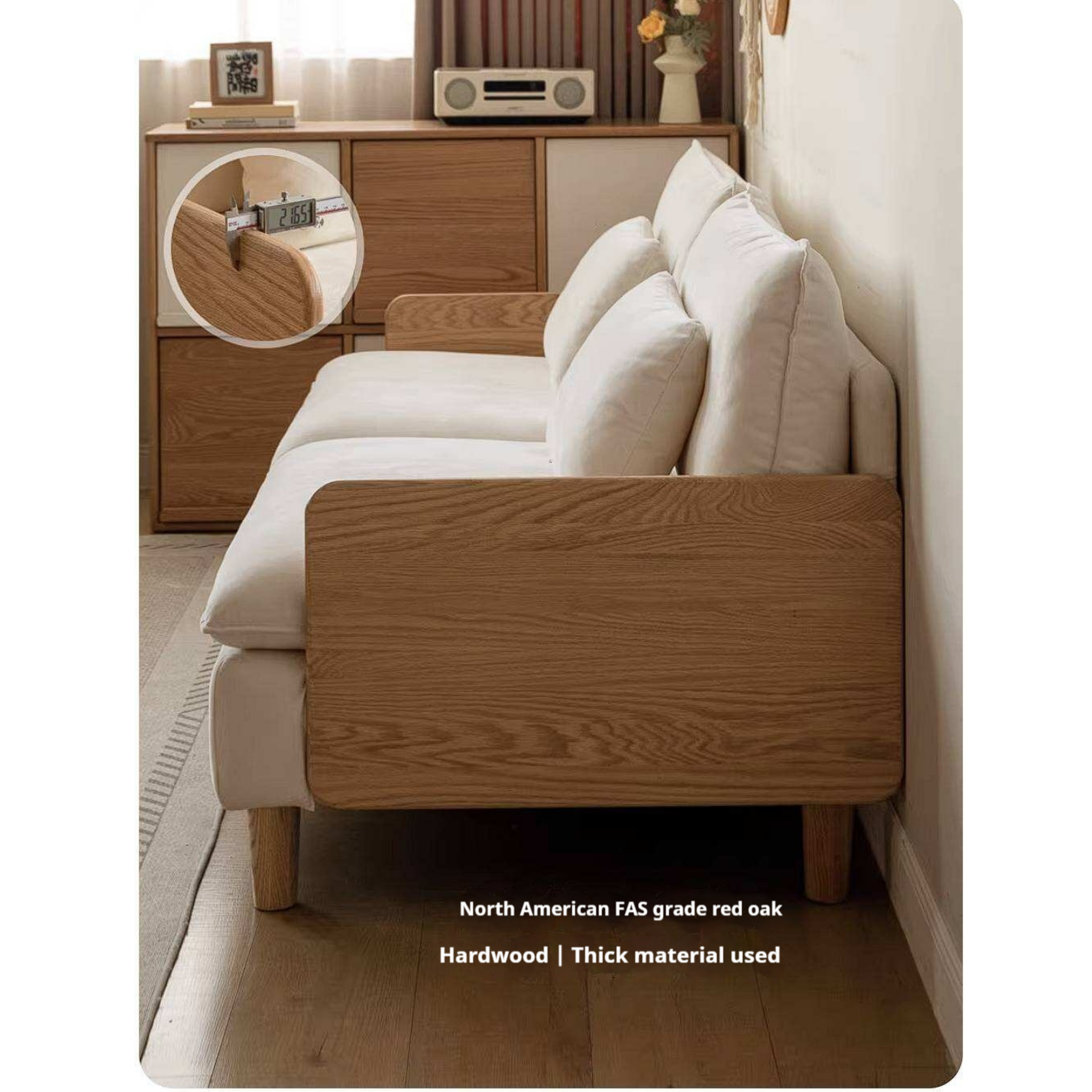 Oak Solid Wood Chenille Sofa with Wood Arm Panels and Pillow Back Cushions