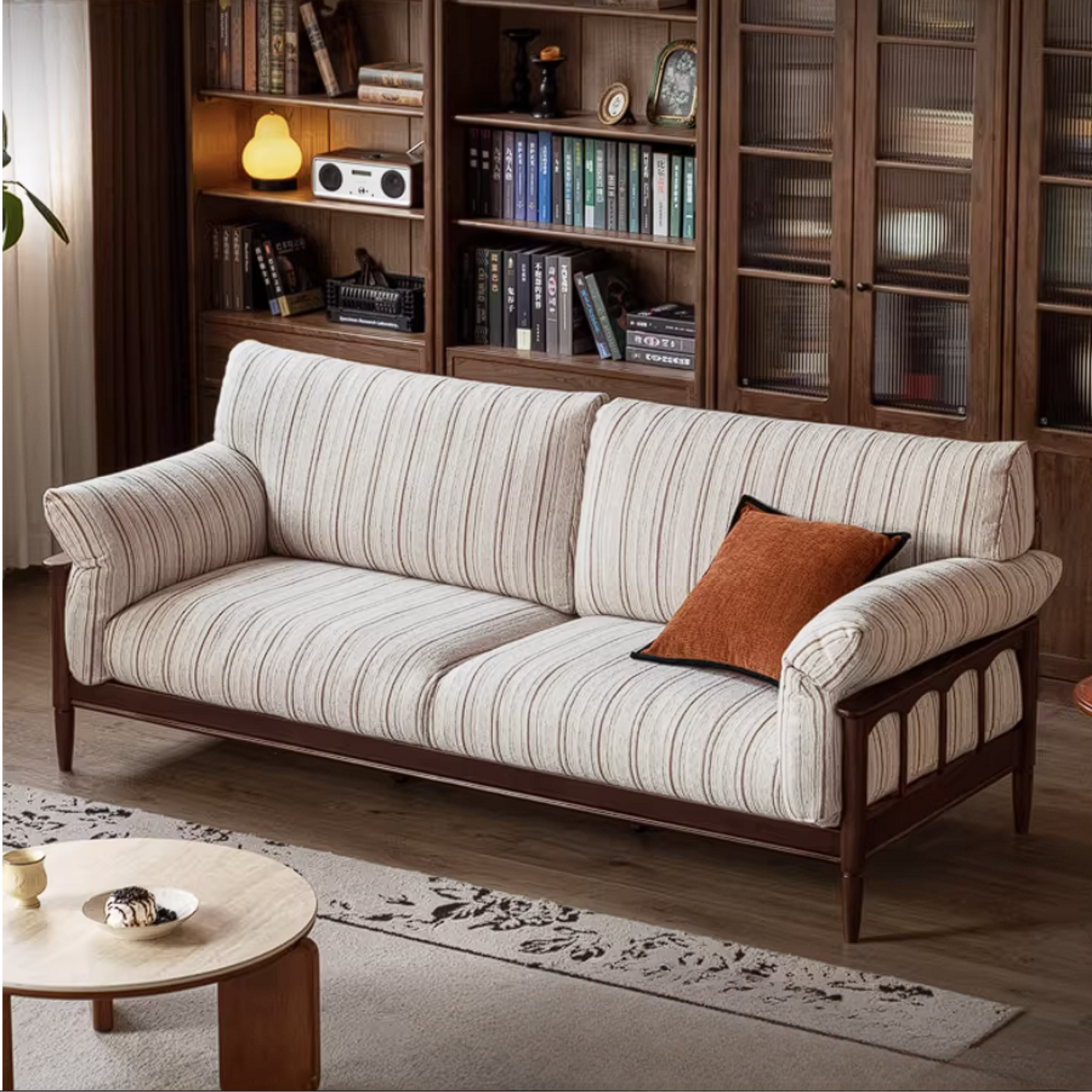 Poplar Solid Wood French Country Sofa with Spindle Arm Panels and High Back