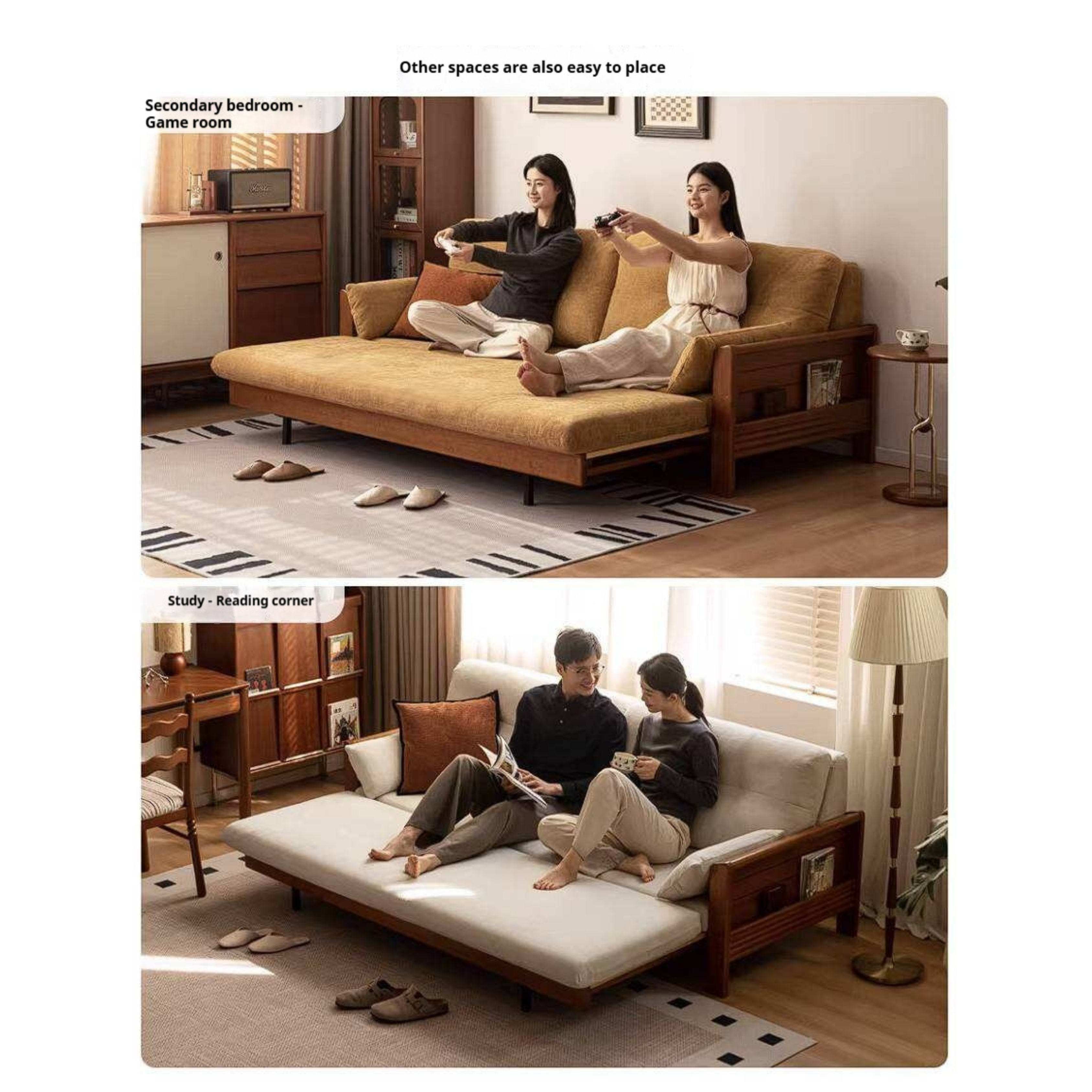 Solid Wood Vintage-Inspired Sofa Bed with Spacious Lounge Design