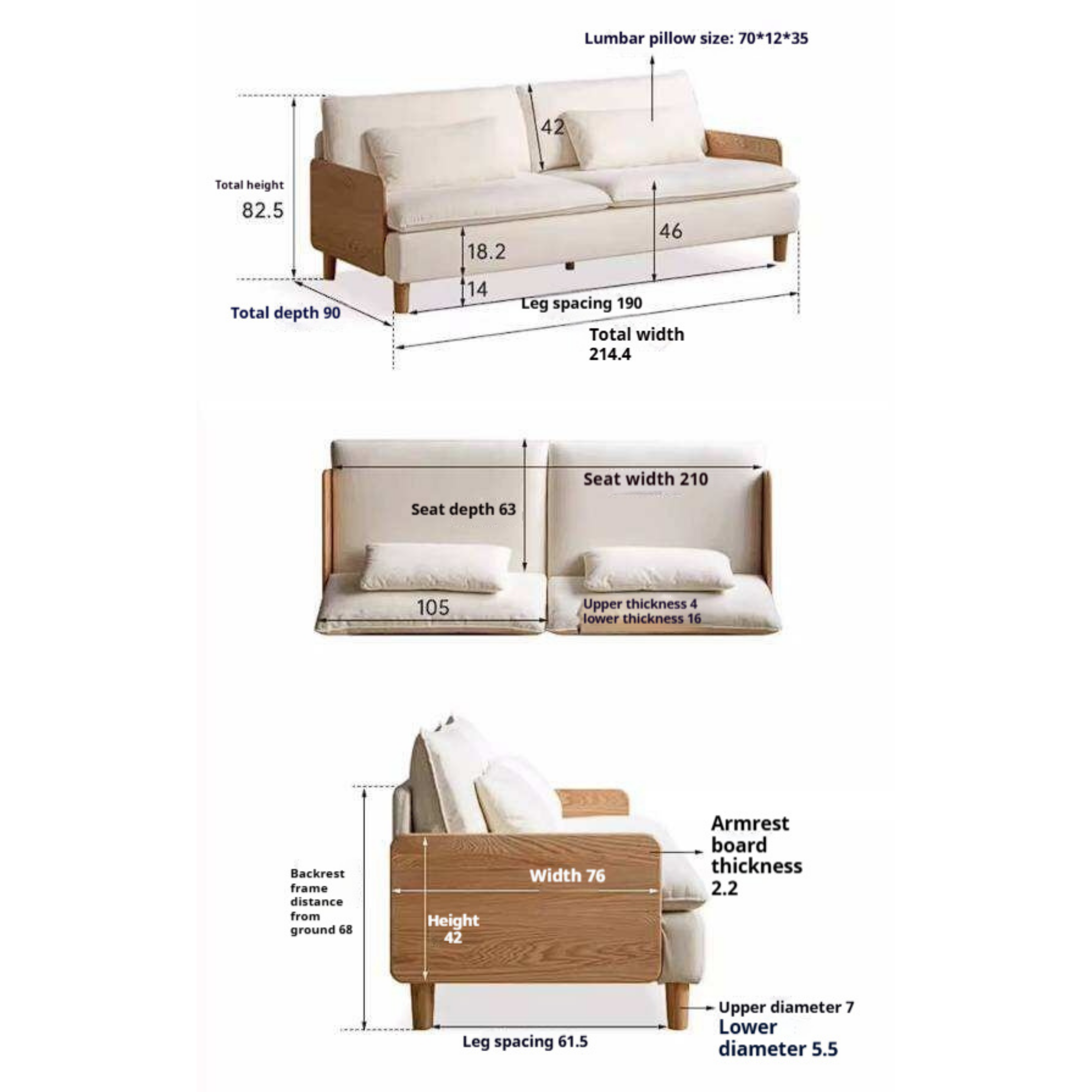 Oak Solid Wood Chenille Sofa with Wood Arm Panels and Pillow Back Cushions