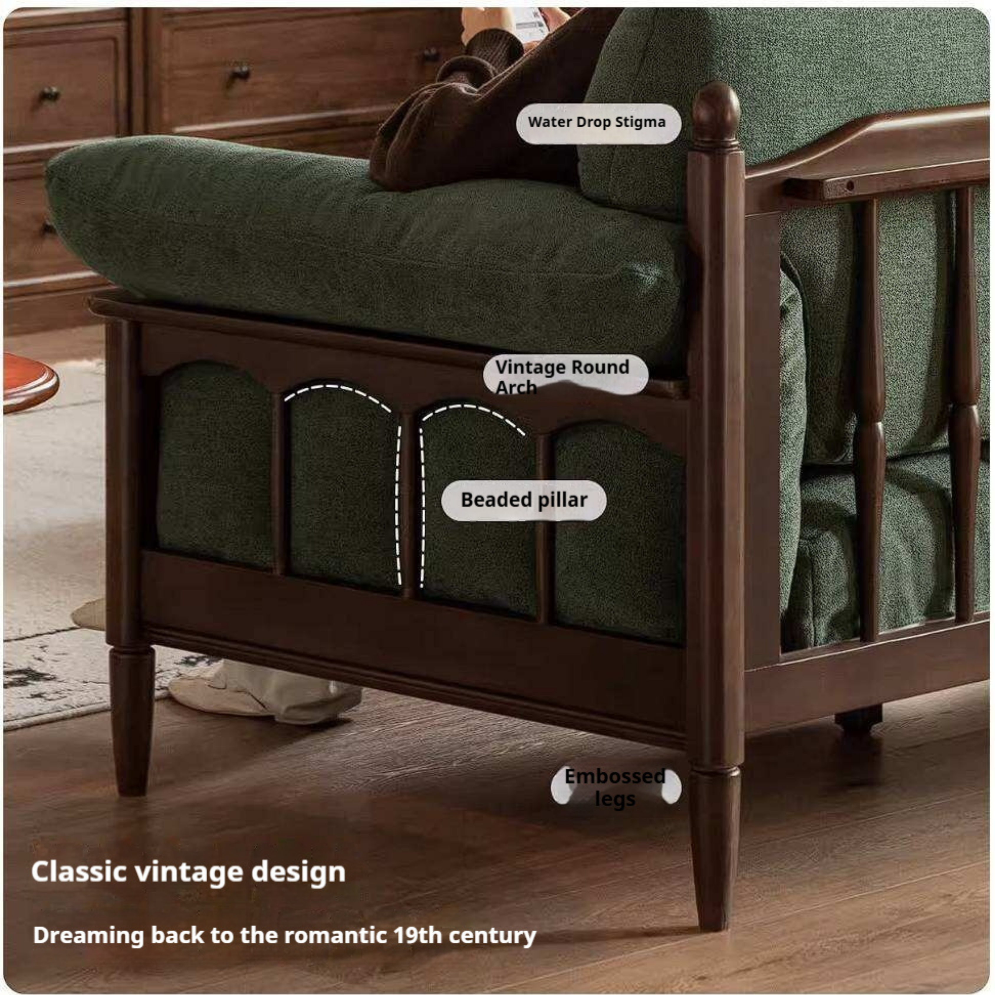 Poplar Solid Wood French Country Sofa with Spindle Arm Panels and High Back