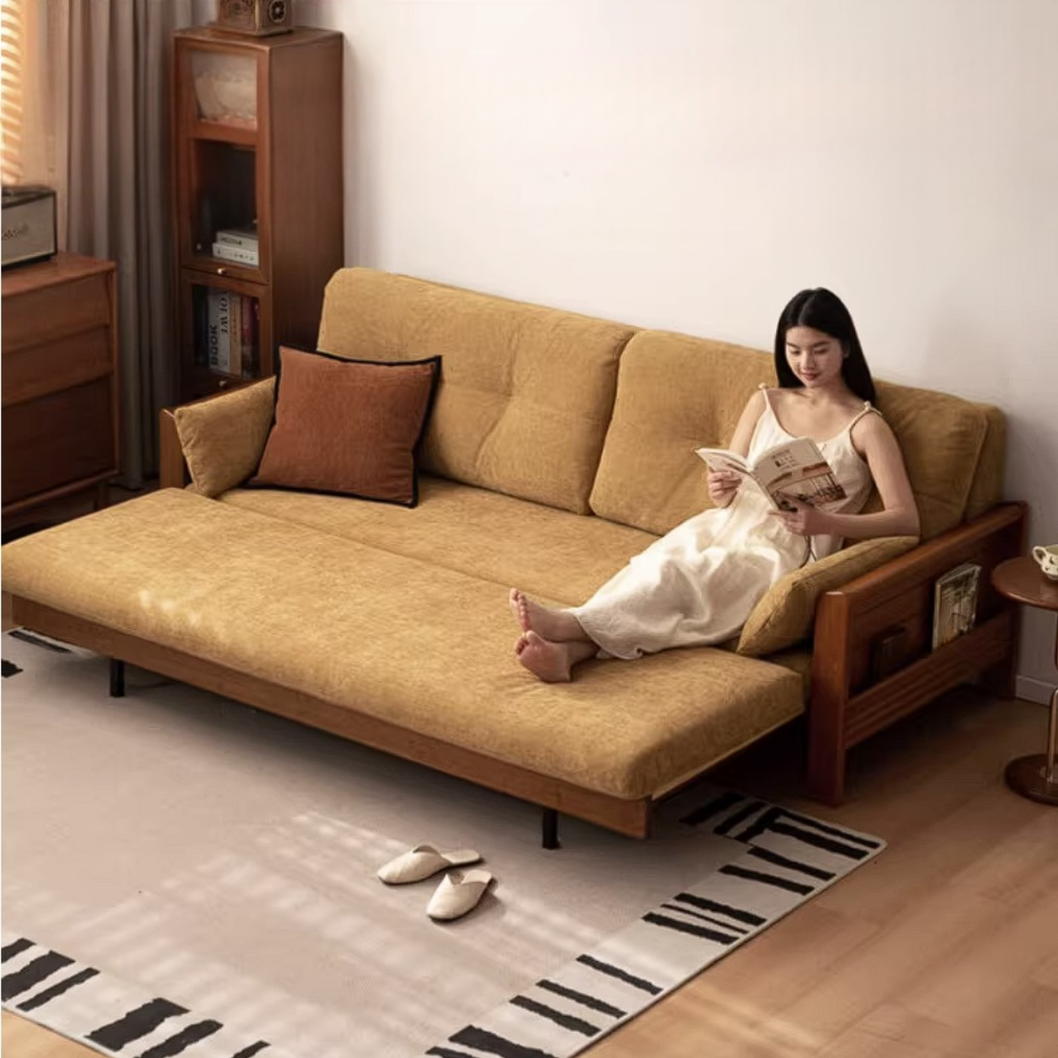 Solid Wood Vintage-Inspired Sofa Bed with Spacious Lounge Design